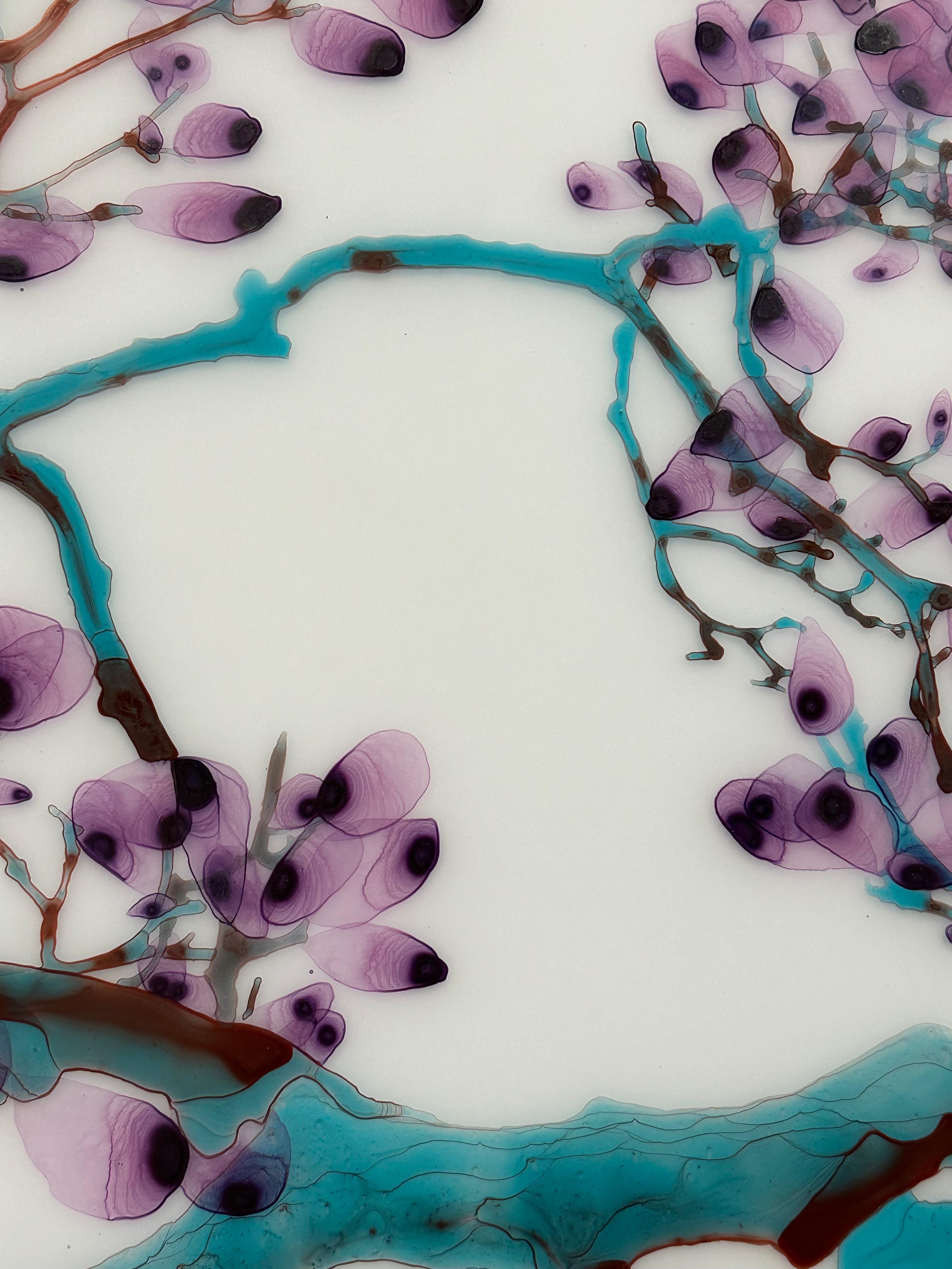 Aria turchese, viola, blu verde acqua, albero marrone, pittura botanica su Mylar in vendita 7