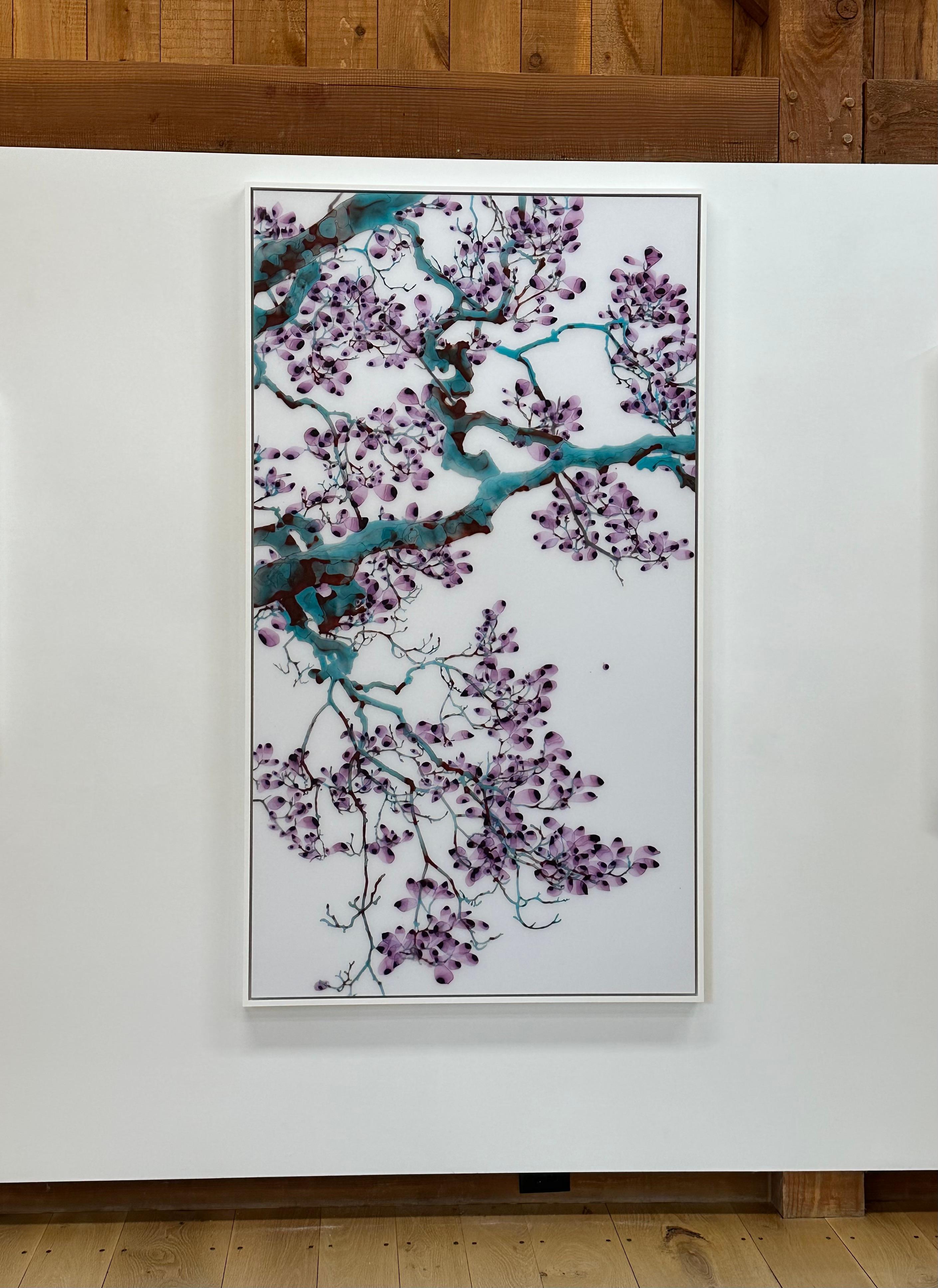 Aria turchese, viola, blu verde acqua, albero marrone, pittura botanica su Mylar in vendita 11