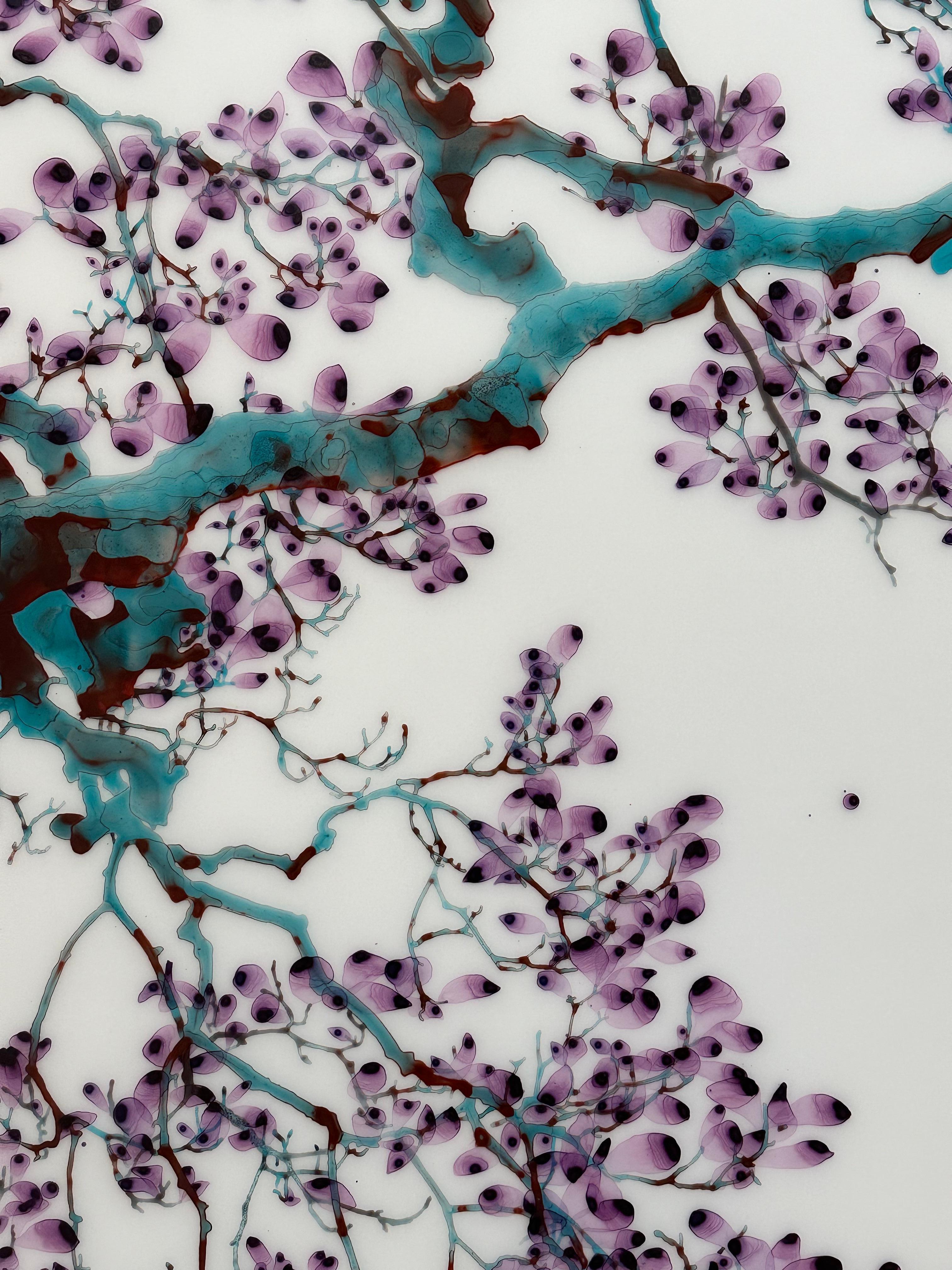 Aria turchese, viola, blu verde acqua, albero marrone, pittura botanica su Mylar in vendita 1