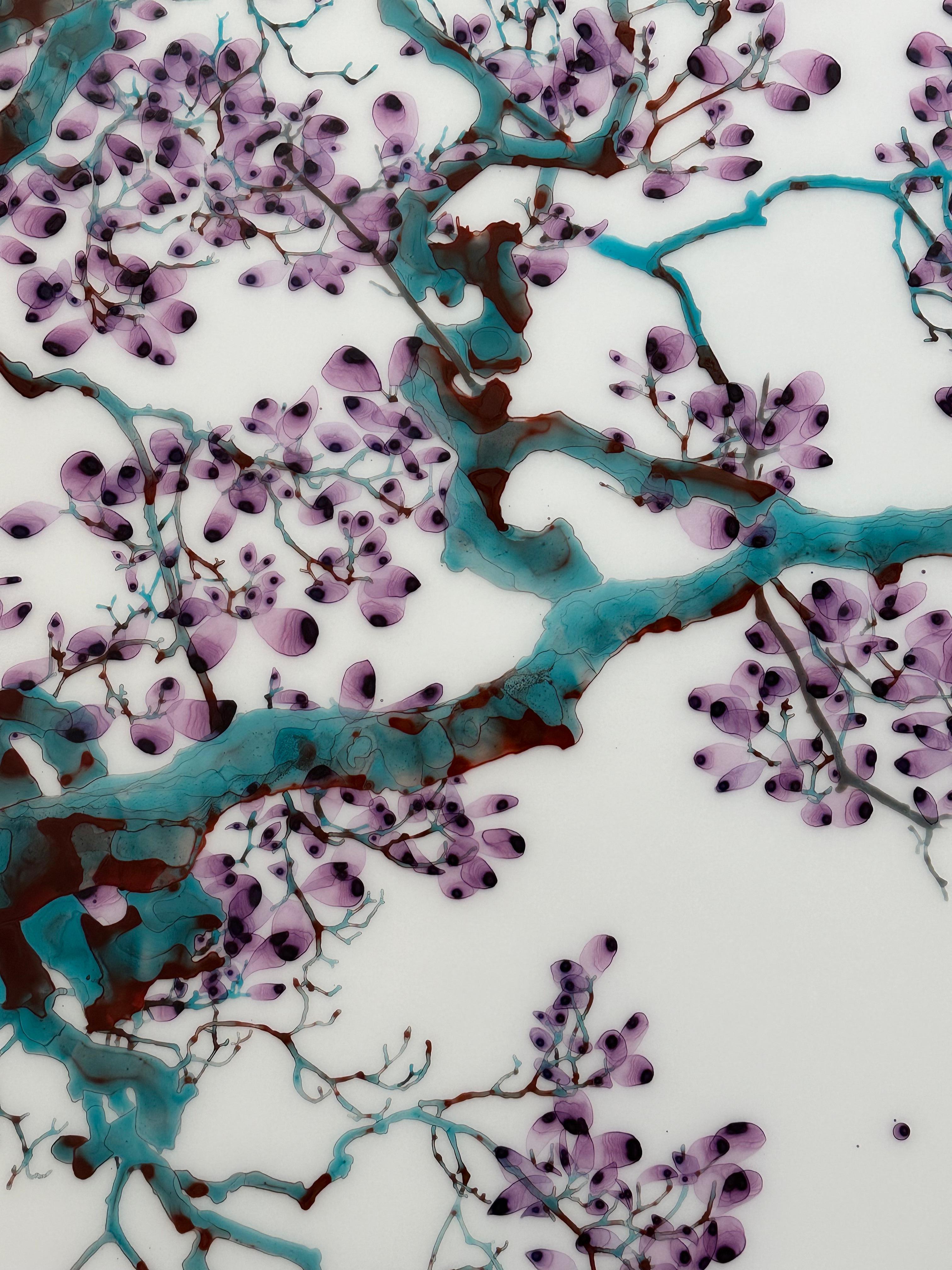 Aria turchese, viola, blu verde acqua, albero marrone, pittura botanica su Mylar in vendita 2