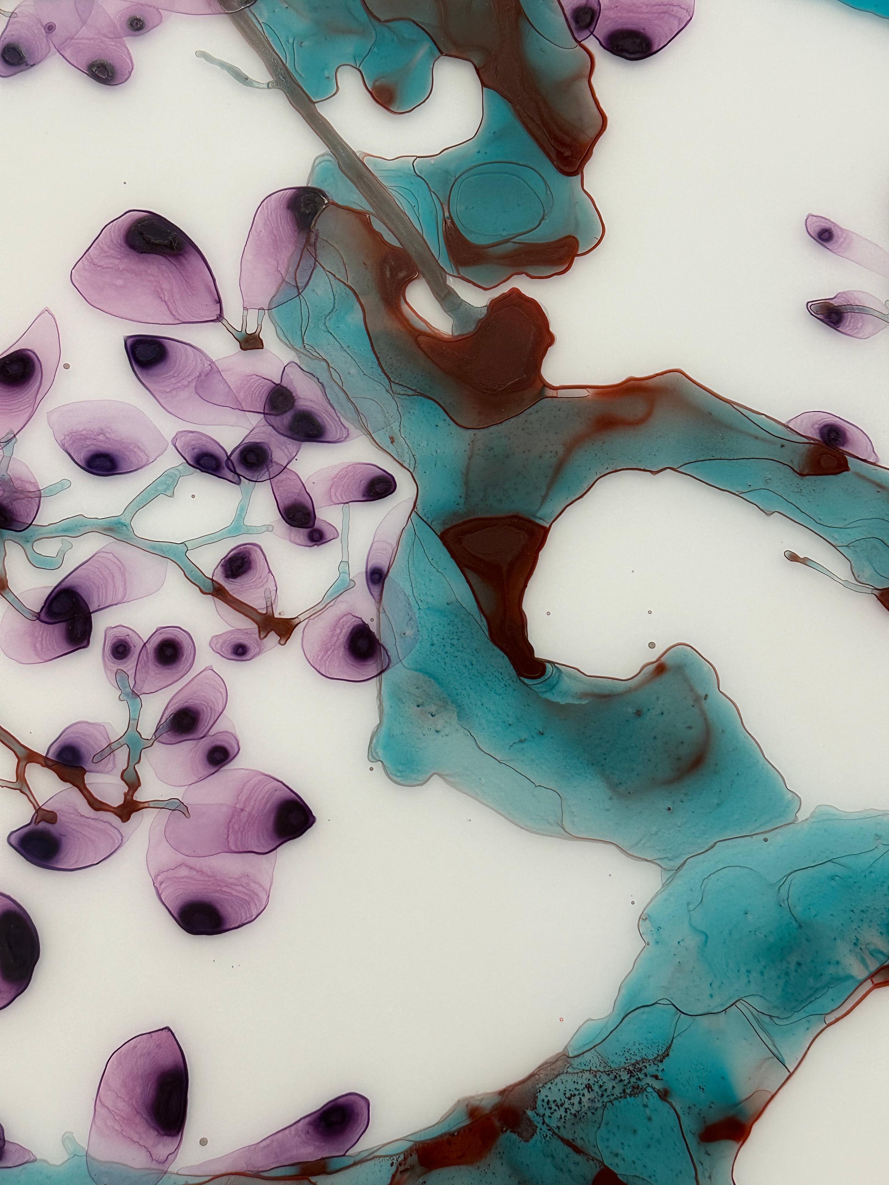 Aria turchese, viola, blu verde acqua, albero marrone, pittura botanica su Mylar in vendita 5