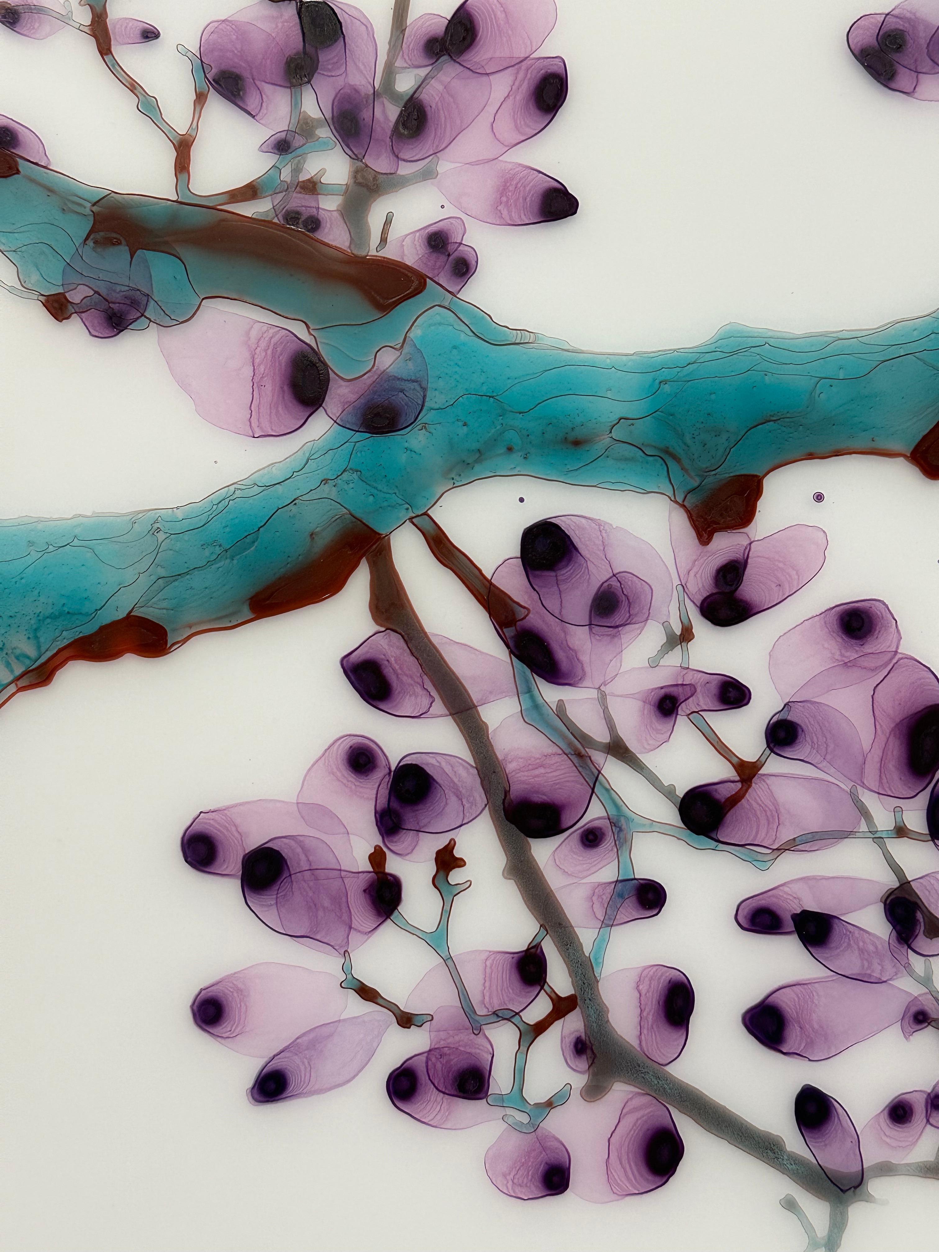 Aria turchese, viola, blu verde acqua, albero marrone, pittura botanica su Mylar in vendita 6
