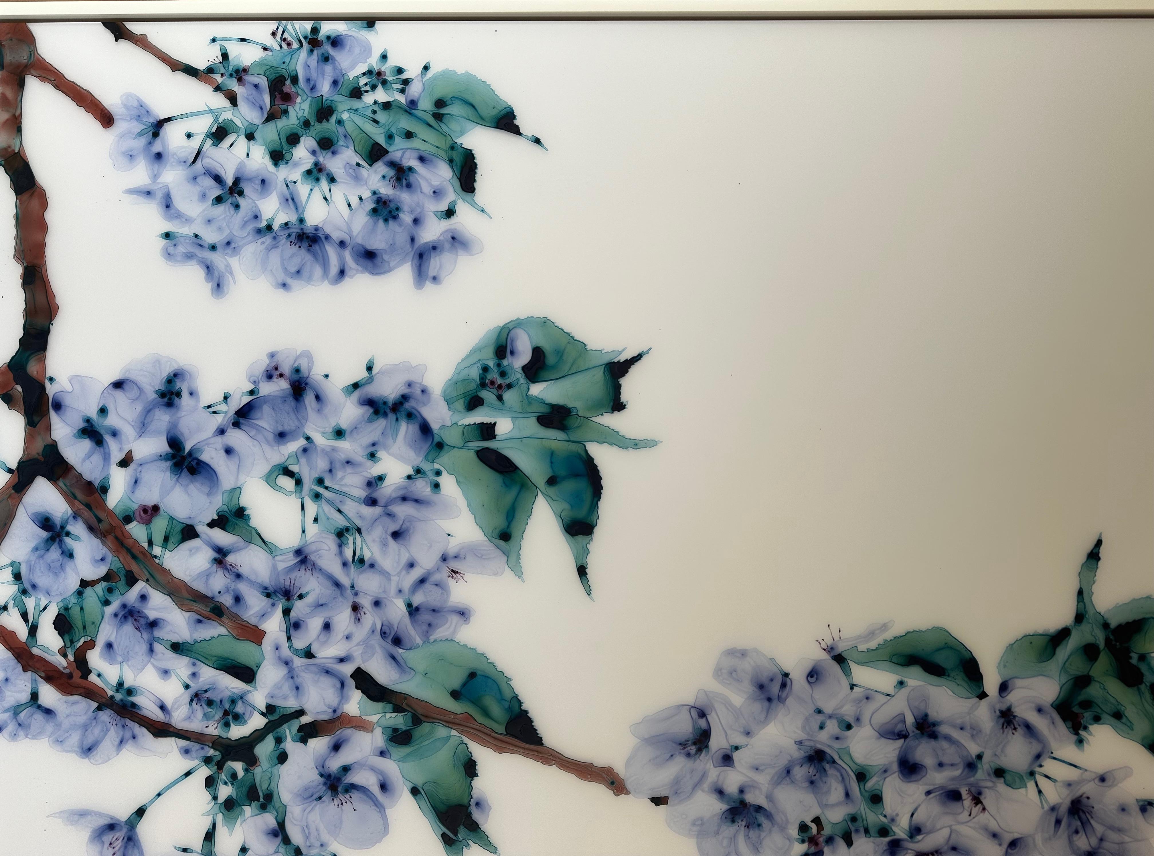 Azure Clusters - Periwinkle Blue Violet Teal Tree Botanical Painting Mylar, 2023 For Sale 1