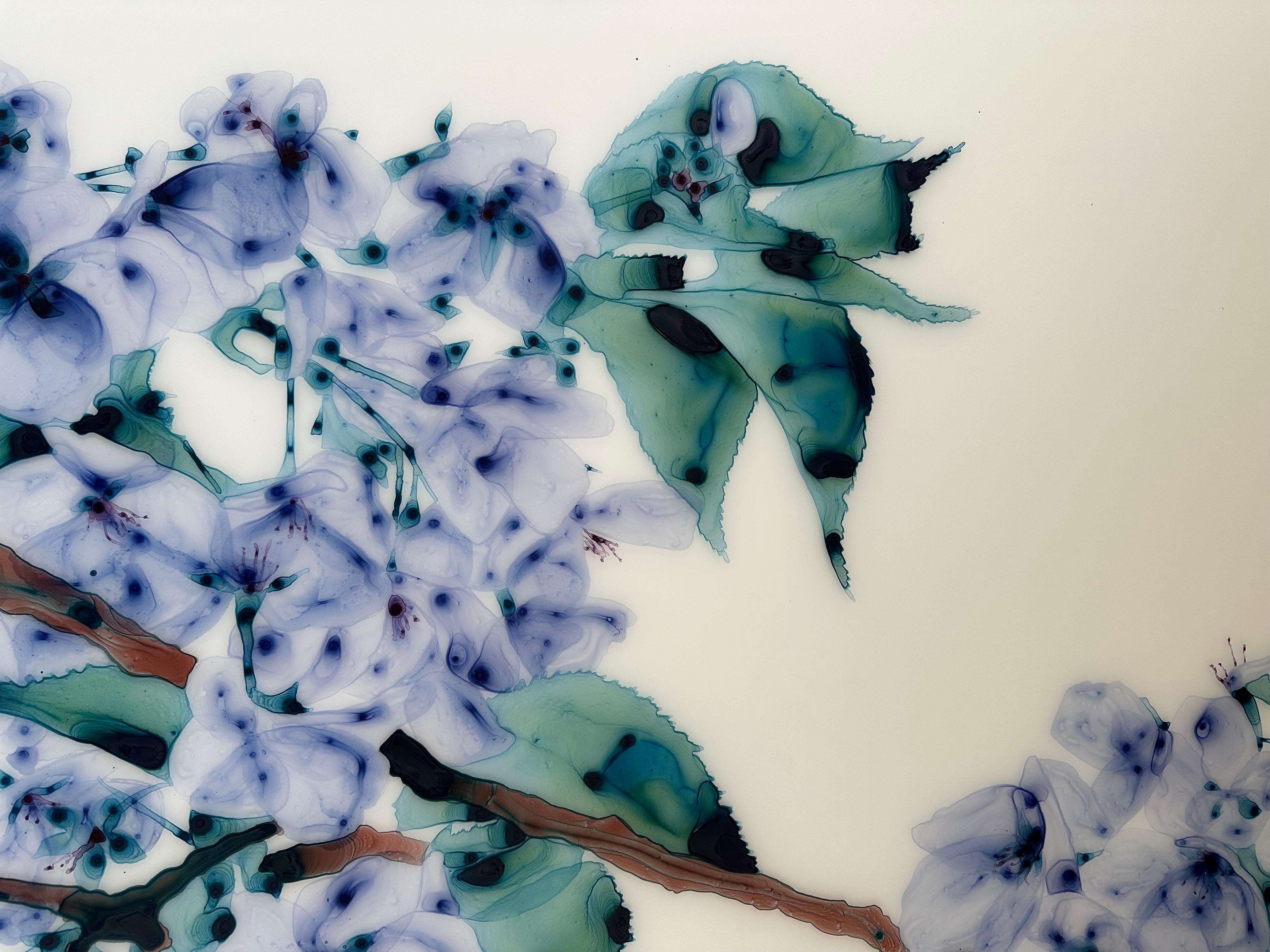 Azure Clusters - Periwinkle Blue Violet Teal Tree Botanical Painting Mylar, 2023 For Sale 2