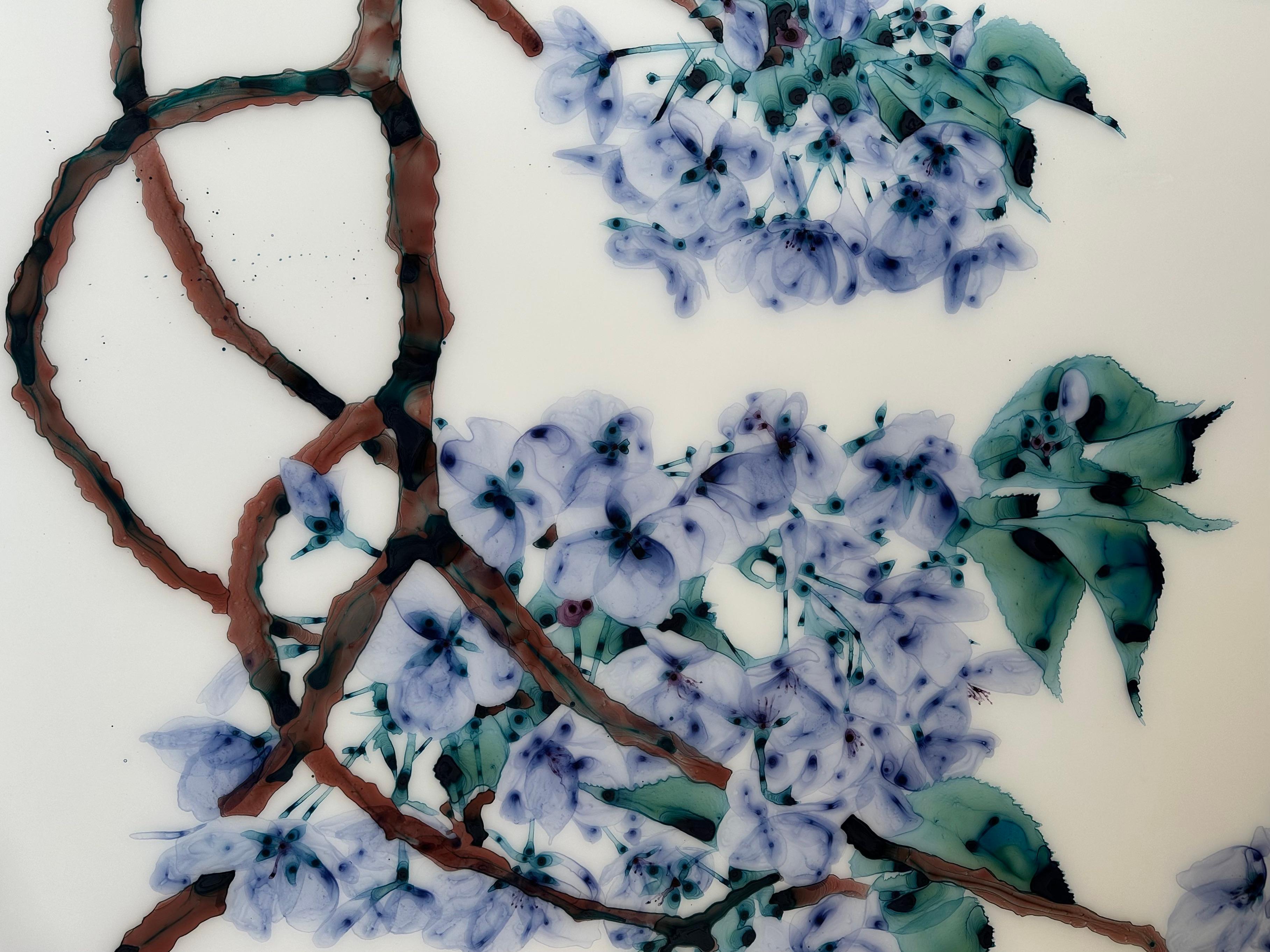 Azure Clusters - Periwinkle Blue Violet Teal Tree Botanical Painting Mylar, 2023 For Sale 3