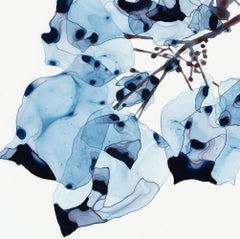 Blue Wash Cs1, Horizontal Botanical Painting on Mylar in Navy Blue and Brown