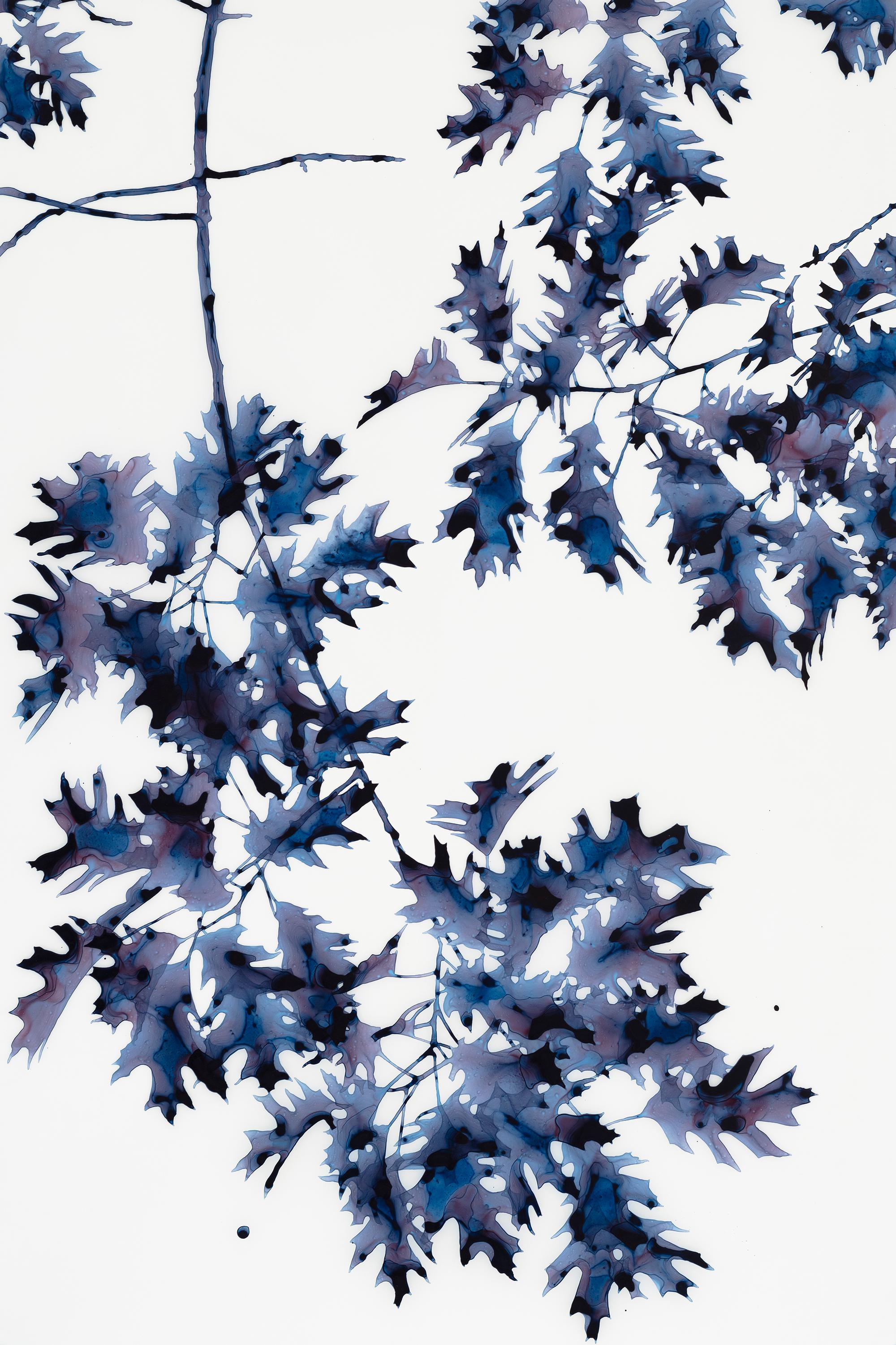 Dark indigo blue oak leaf foliage with hints of dark burgundy graces delicate branches on the pristine white background of this large vertical painting in acrylic on Mylar mounted on acrylic panel. Framed in a solid white wooden float frame. Signed,