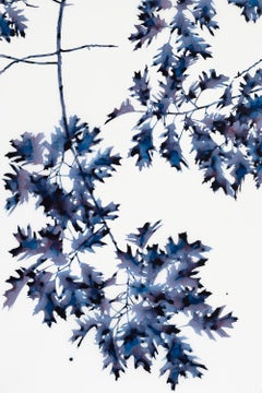 Brief geformt, dunkel-indigoblaues botanisches Baumgemälde aus Eichenblatt in Indigoblau, Weiß Mylar