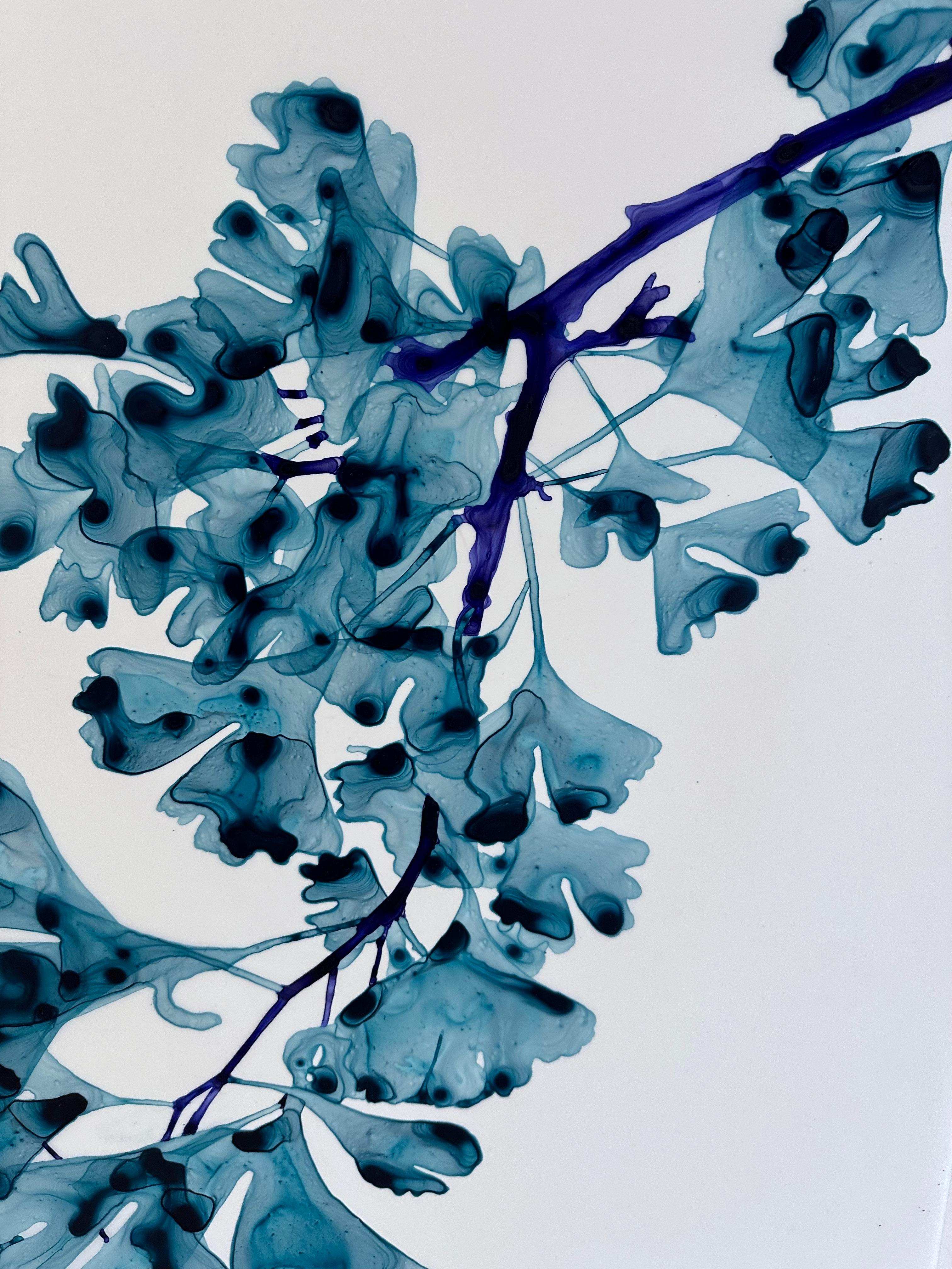 Chimera cs3, Bright Teal Blue Botanical Tree Painting On White Mylar For Sale 1