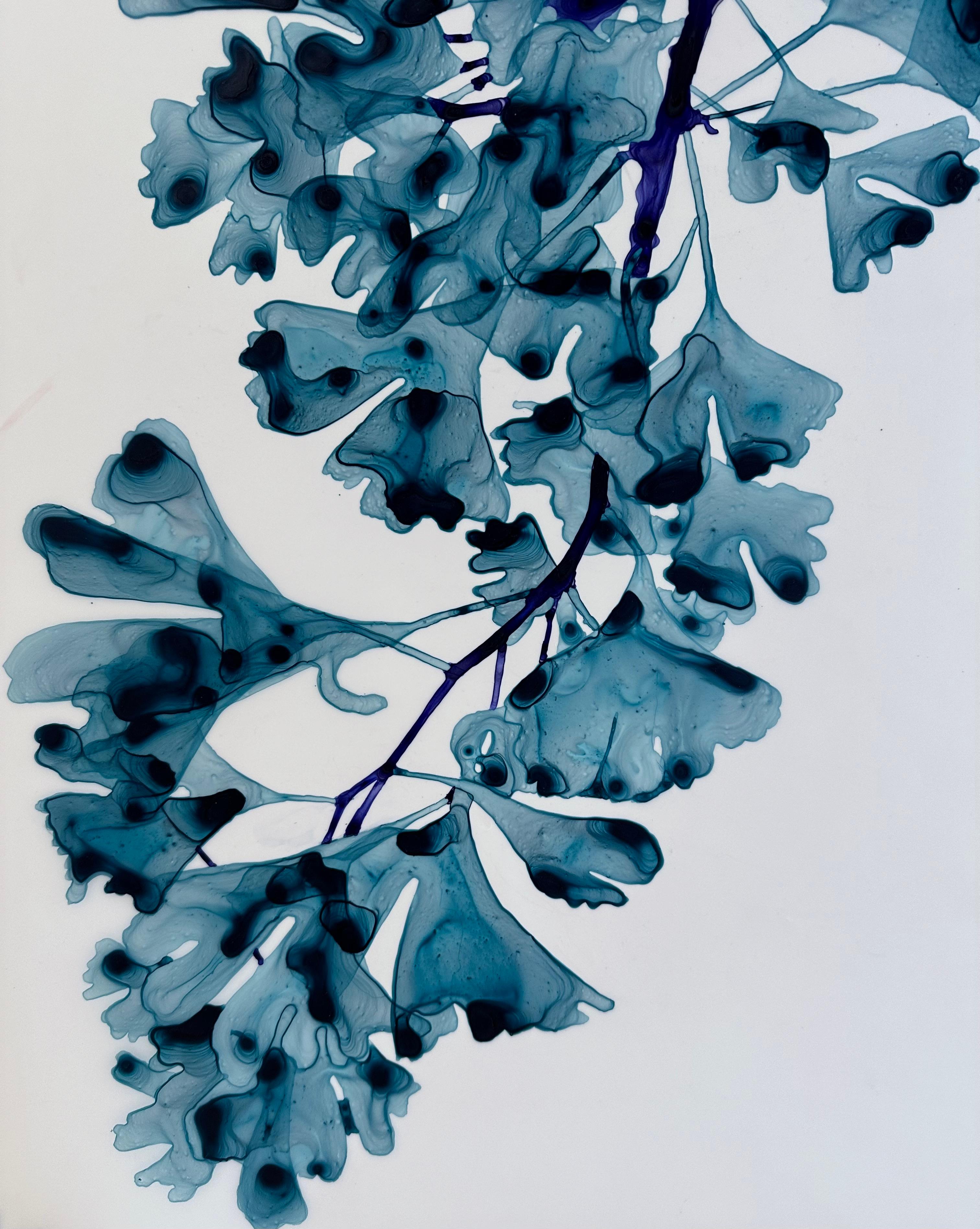 Chimera cs3, Bright Teal Blue Botanical Tree Painting On White Mylar For Sale 5