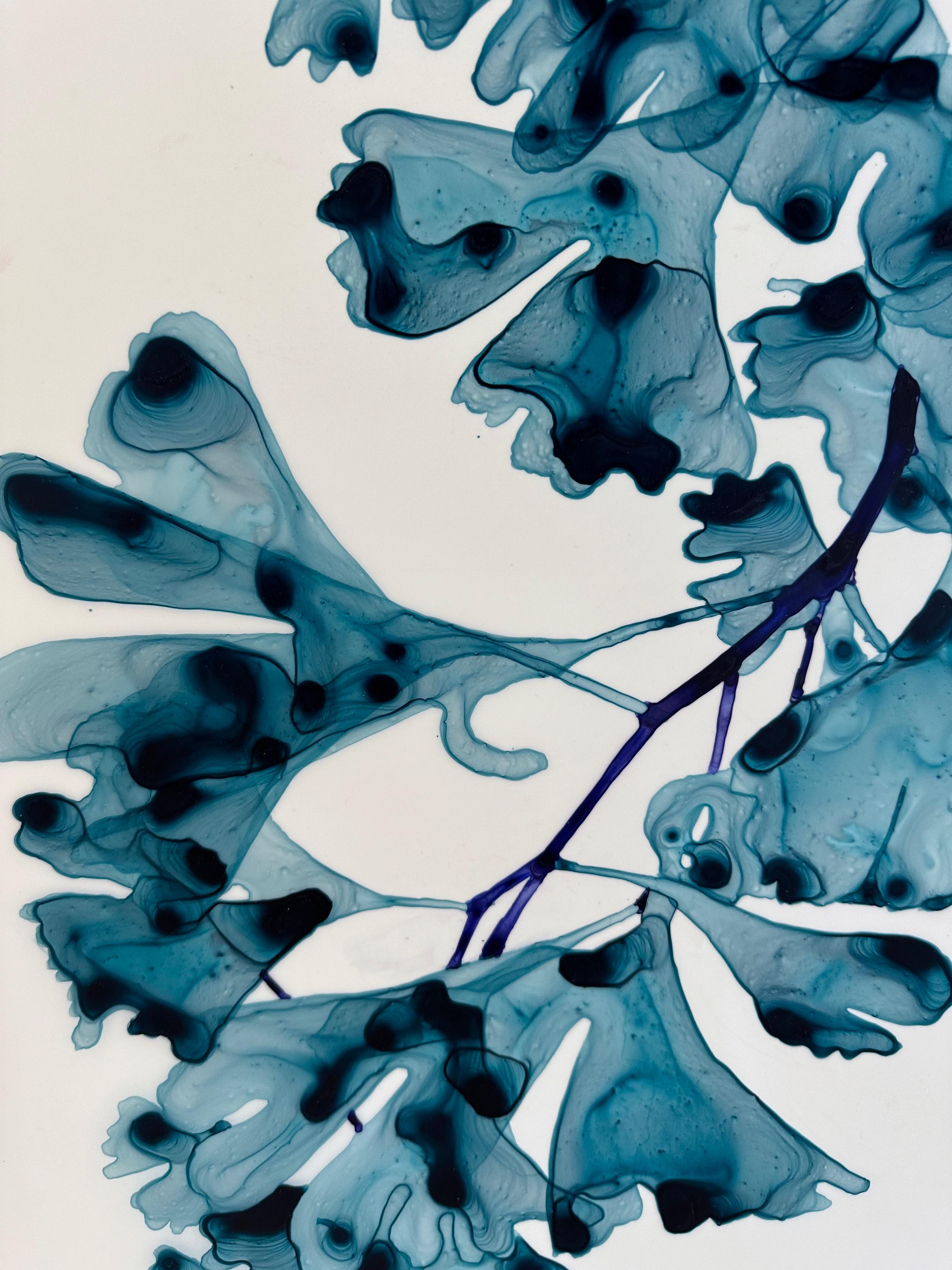 Chimera cs3, Bright Teal Blue Botanical Tree Painting On White Mylar For Sale 6