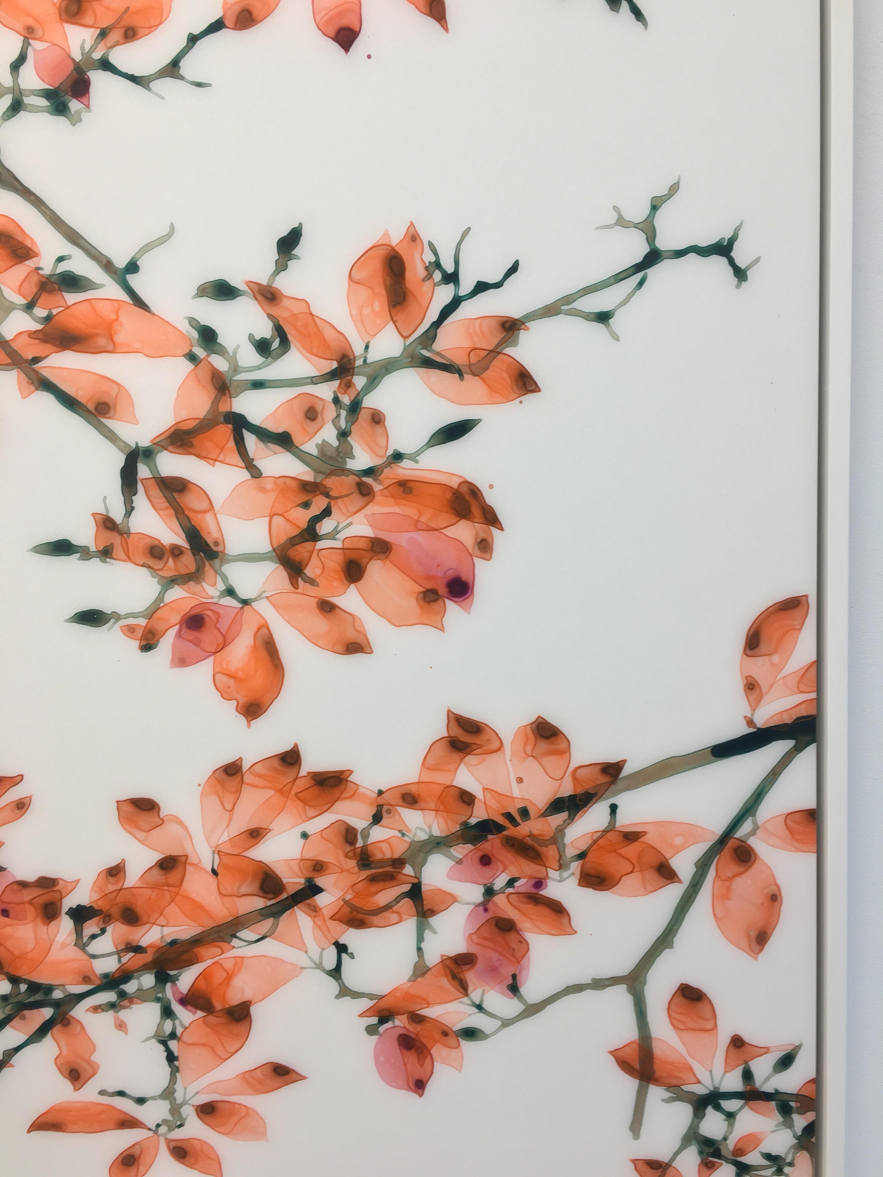Coral Fling - Peinture botanique contemporaine sur Mylar, arbre orange, 2018. en vente 3