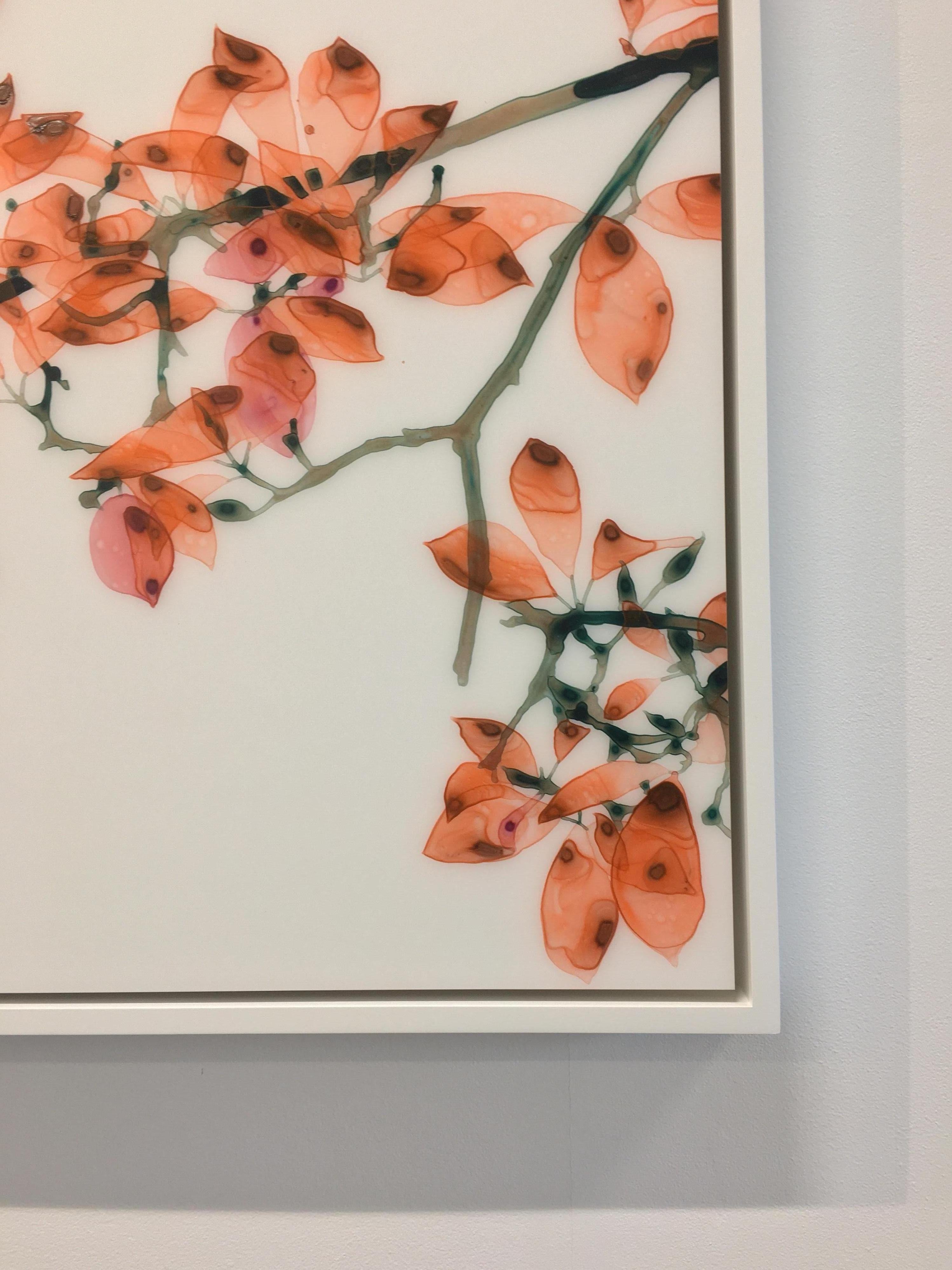 Coral Fling - Peinture botanique contemporaine sur Mylar, arbre orange, 2018. en vente 5