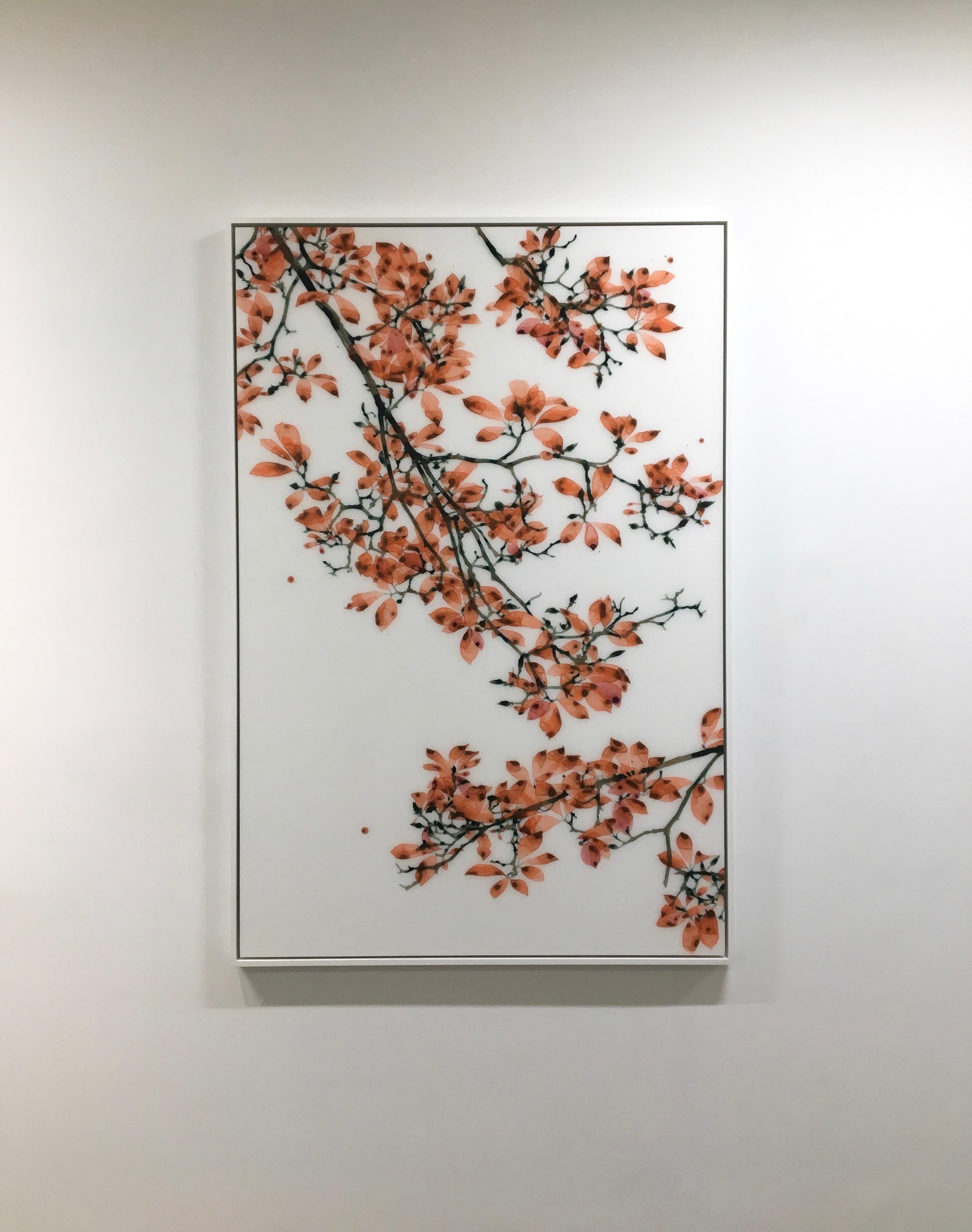 Coral Fling - Peinture botanique contemporaine sur Mylar, arbre orange, 2018. en vente 6