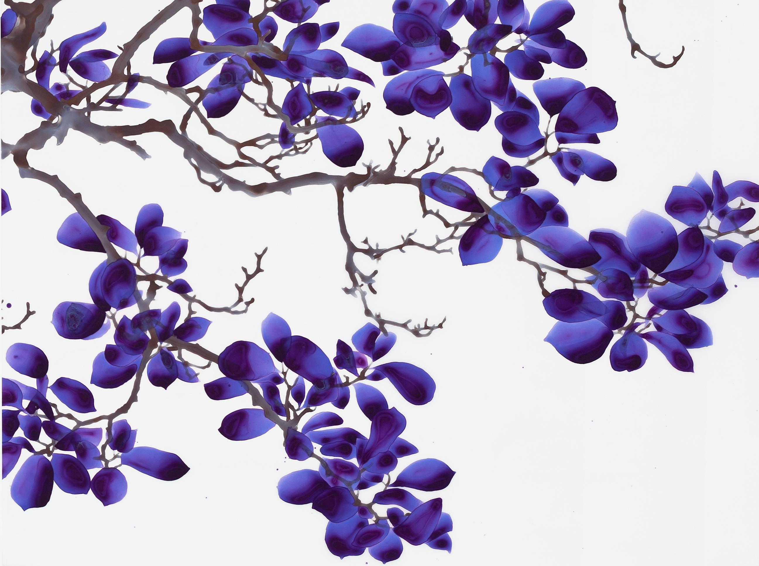 Dark Delight Cs1, Dogwood Leaves on Mylar in Deep Purple and Lavender, Botanical - Painting by Jackie Battenfield