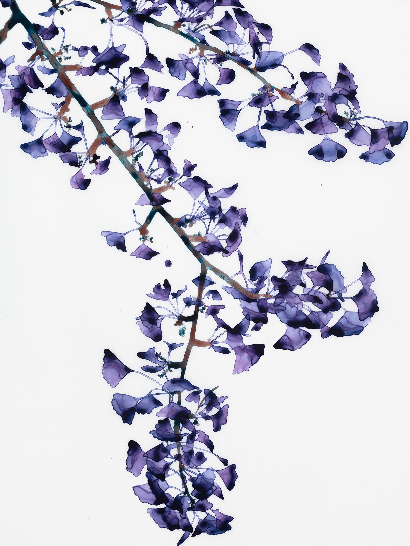 Vertikales botanisches Gemälde auf Mylar, Lila, Braun, Teal Blau, Zartgrau