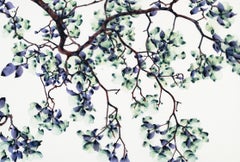 Dew Drop, Horizontal Botanical Painting on White Mylar in Purple, Green, Brown