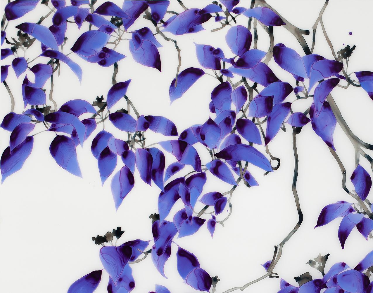 Entwine, Bright Purple, Violet Leaves Brown Branches Botanical Tree, White Mylar For Sale 1