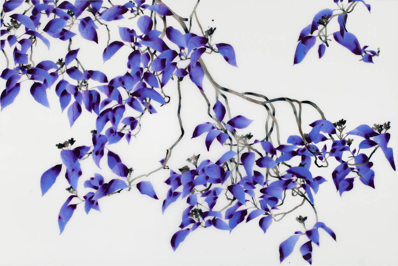 Entwine, Bright Purple, Violet Leaves Brown Branches Botanical Tree, White Mylar - Painting by Jackie Battenfield