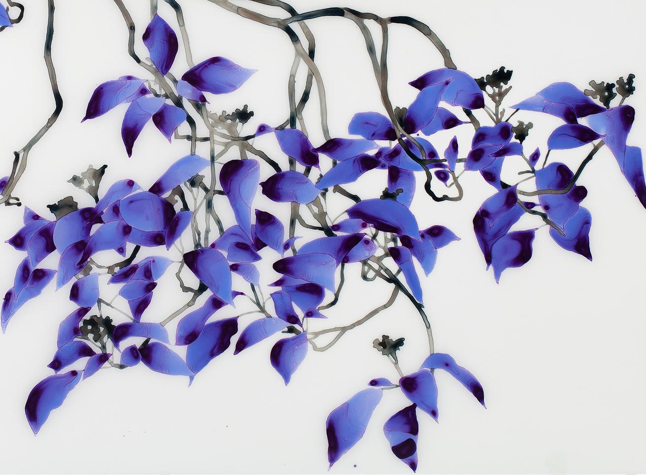 Entwine, Bright Purple, Violet Leaves, Brown Branches Botanical On Mylar - Contemporary Painting by Jackie Battenfield