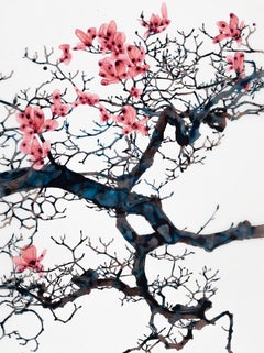 Evening Chorale Cs2, Vertical Botanical Tree Painting on Mylar, Pink, Dark Brown