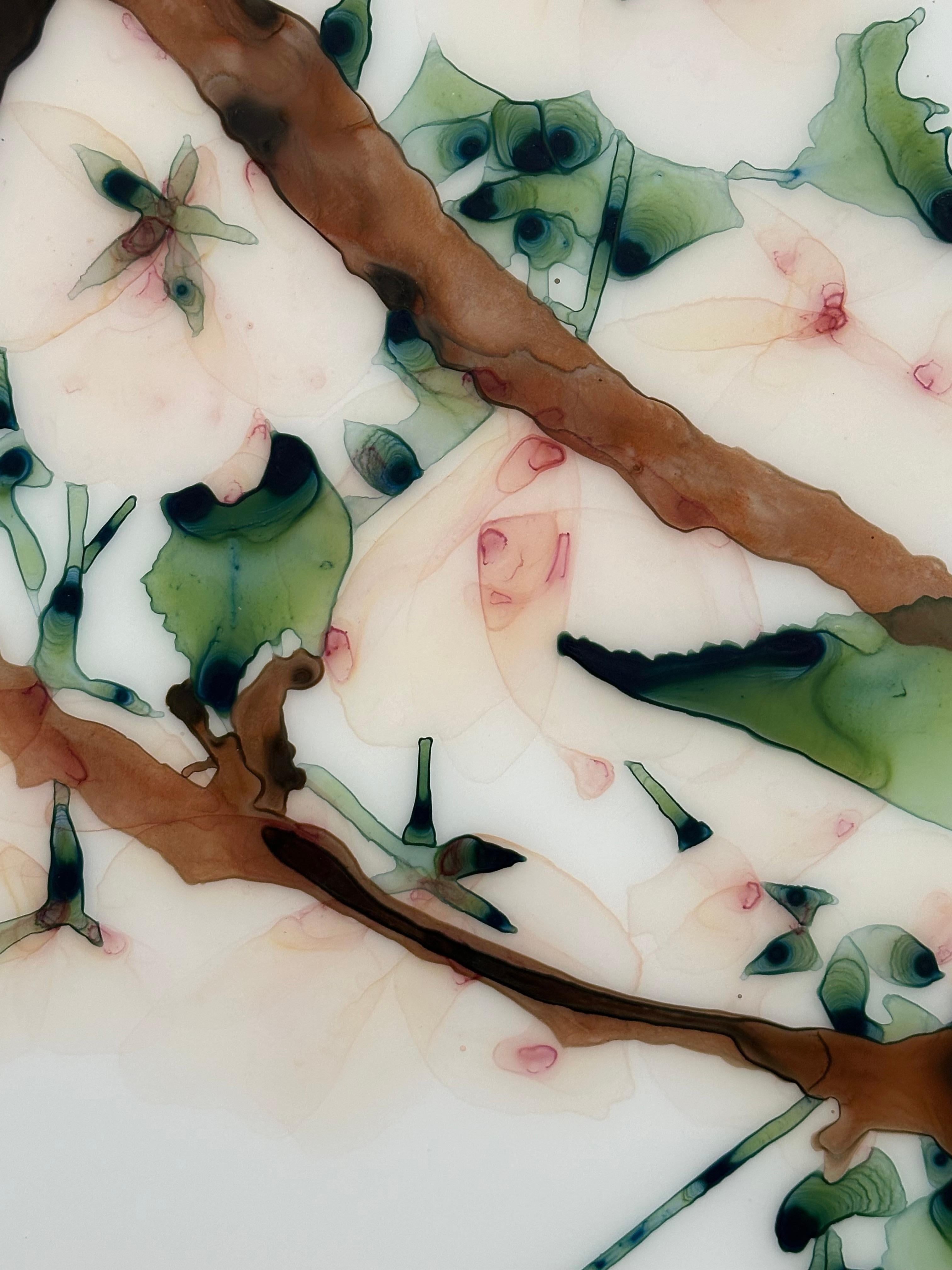 First Blush, Blasse Pfirsichblüten Brauner Baum, Olivenblätter Botanische Malerei im Angebot 7