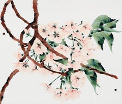 First Blush, Blasse Pfirsichblüten Brauner Baum, Olivenblätter Botanische Malerei