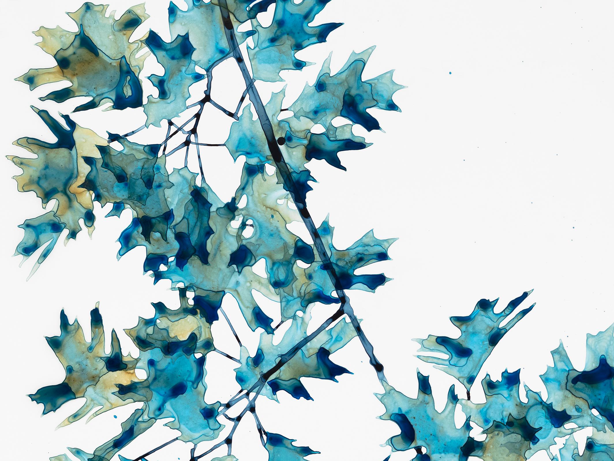 First Frost, Horizontal Botanical Tree Painting in Teal Green on White Mylar 1