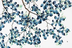 Frosted Tips, Horizontal Indigo Blue Green Botanical Tree Painting on Mylar