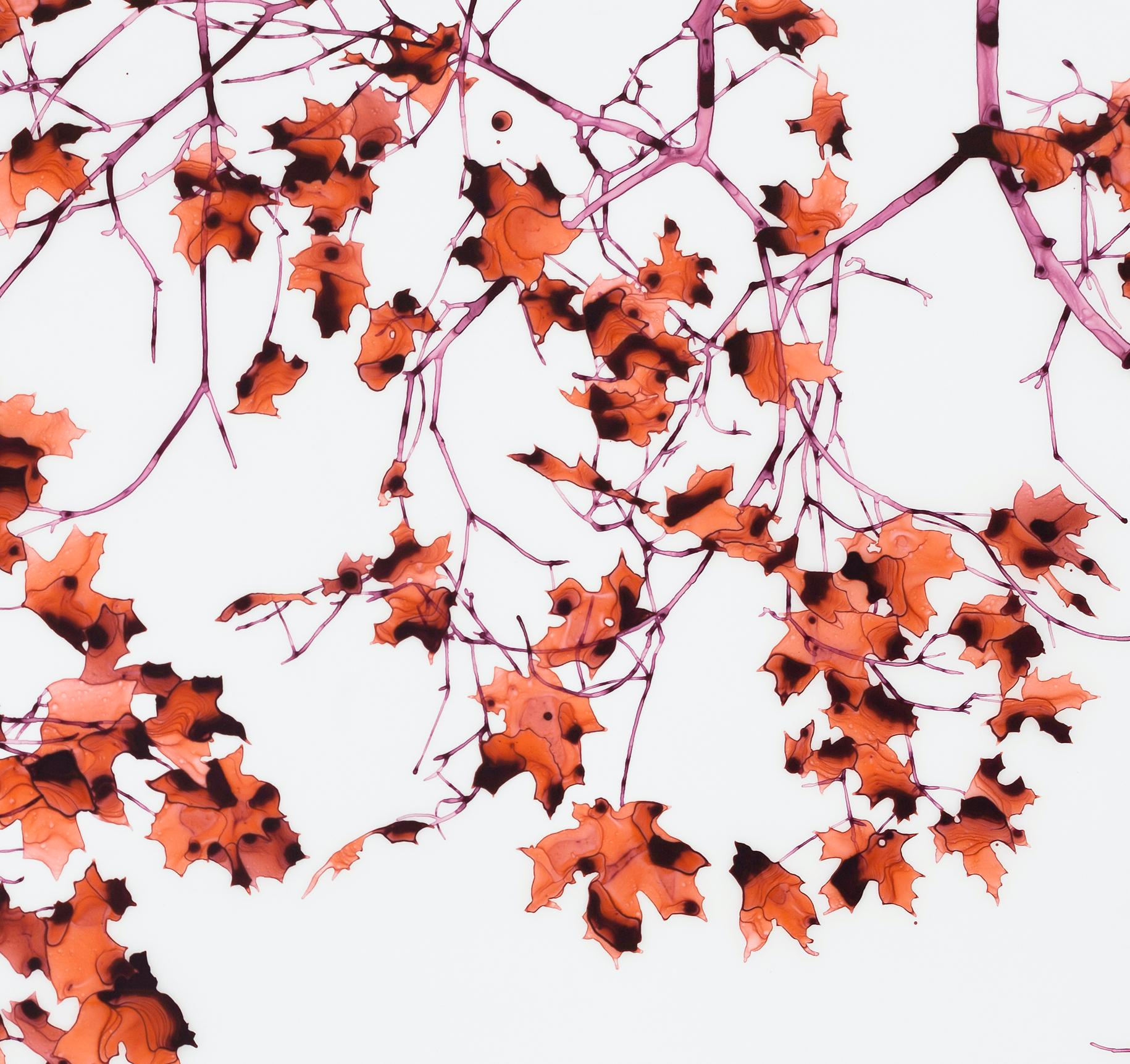 Hot Chimera - Rote Blätter Magenta Rosa Zweige Botanischer Baum Weiß Mylar, 2015 im Angebot 1