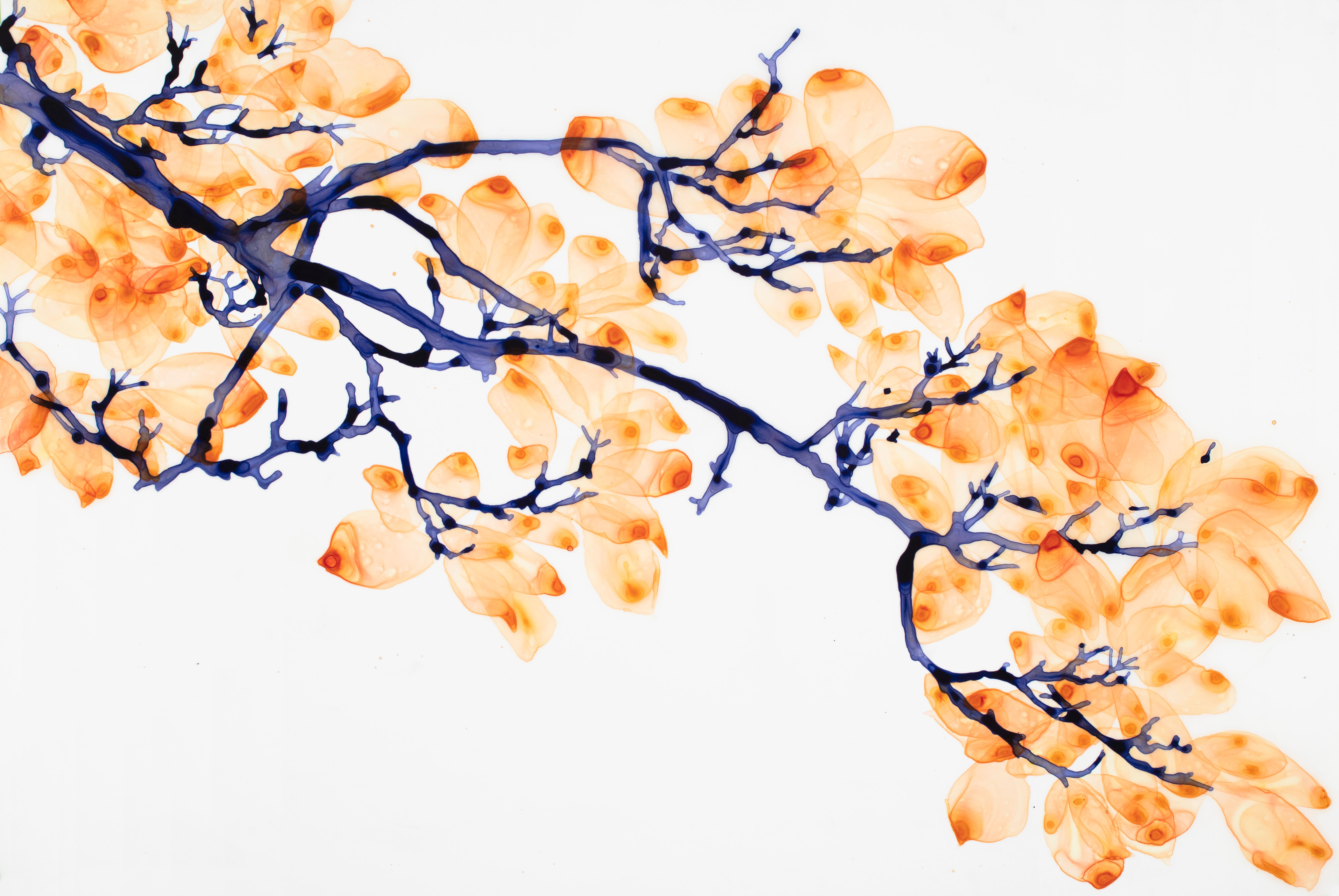 Hot Wind Cs2, Orange Leaves, Indigo Blue Tree Branches, Botanical - Painting by Jackie Battenfield