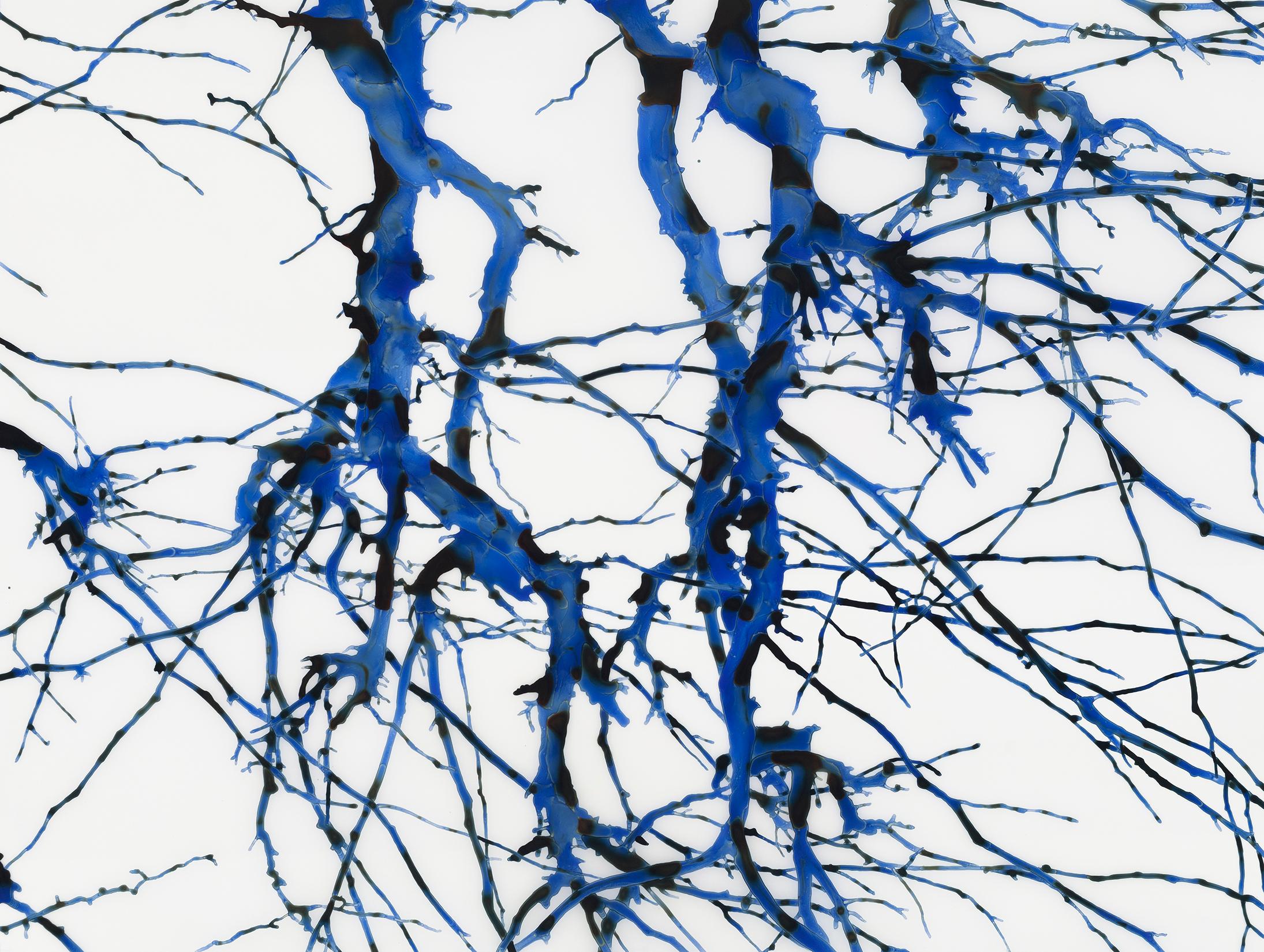 Inazuma m1, Cobalt, Dark Blue Tree Branches, White Mylar - Painting by Jackie Battenfield