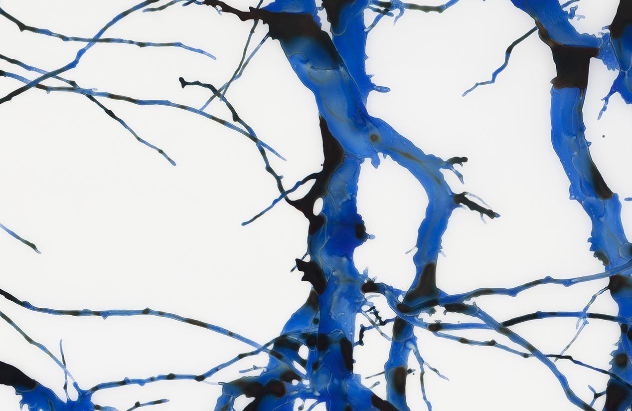 Tree branches in dramatic hues of dark blue are striking against the pristine white background of this painting on Mylar.

This painting on Mylar requires mounting and bracing to be sold. The work is mounted on acrylic panel to preserve the