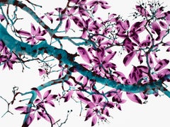 It's Wild, Horizontal Botanical Mylar Tree Painting in Purple, Dark Teal, Brown