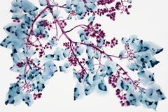 Peaking Through, Pale Blue and Purple Botanical Tree Painting on White Mylar