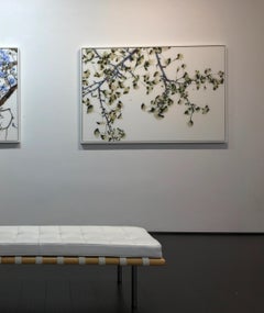 Salt Mist, Horizontal Olive Green, Brown, and Blue Botanical Mylar Tree Painting