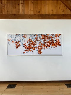 Scarlet Ripples, Red Coral Orange Tree Botanical Branches Painting White Mylar