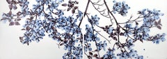Sing Song Blue, Horizontal Botanical Painting on White Mylar in Blue, Brown