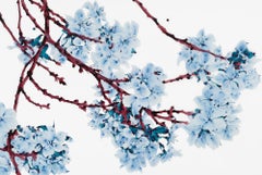 Himmelsbedeckter, blauer, dunkler Teal, bernsteinbraunes botanisches Baumgemälde auf weißem Mylar