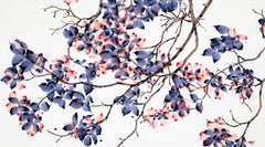 So Peachy, Large Horizontal Violet Purple, Pink Botanical Painting On Mylar