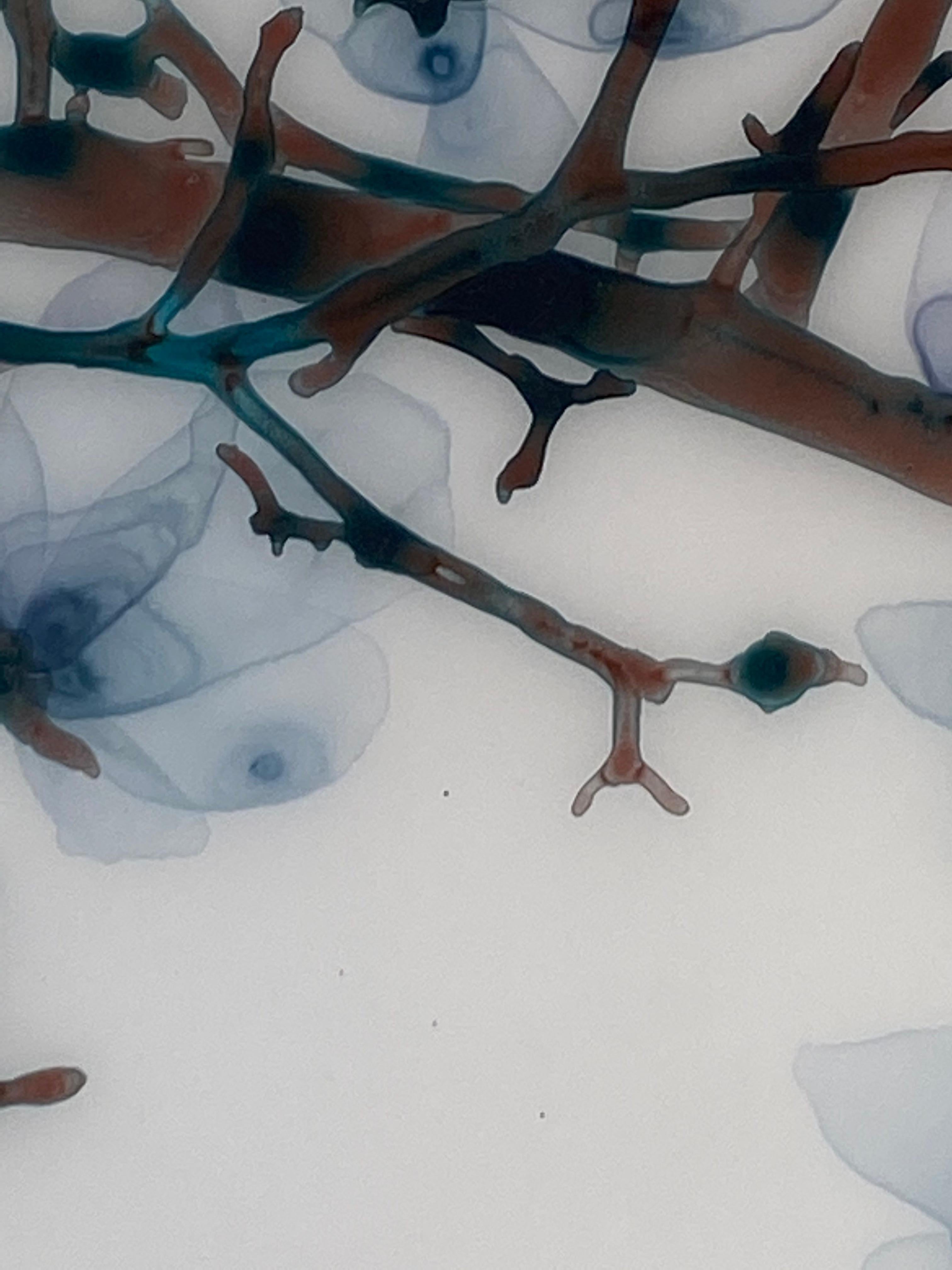 Spun Sugar, Horizontal Botanical Mylar Tree Painting in Light Blue, Dark Brown 9