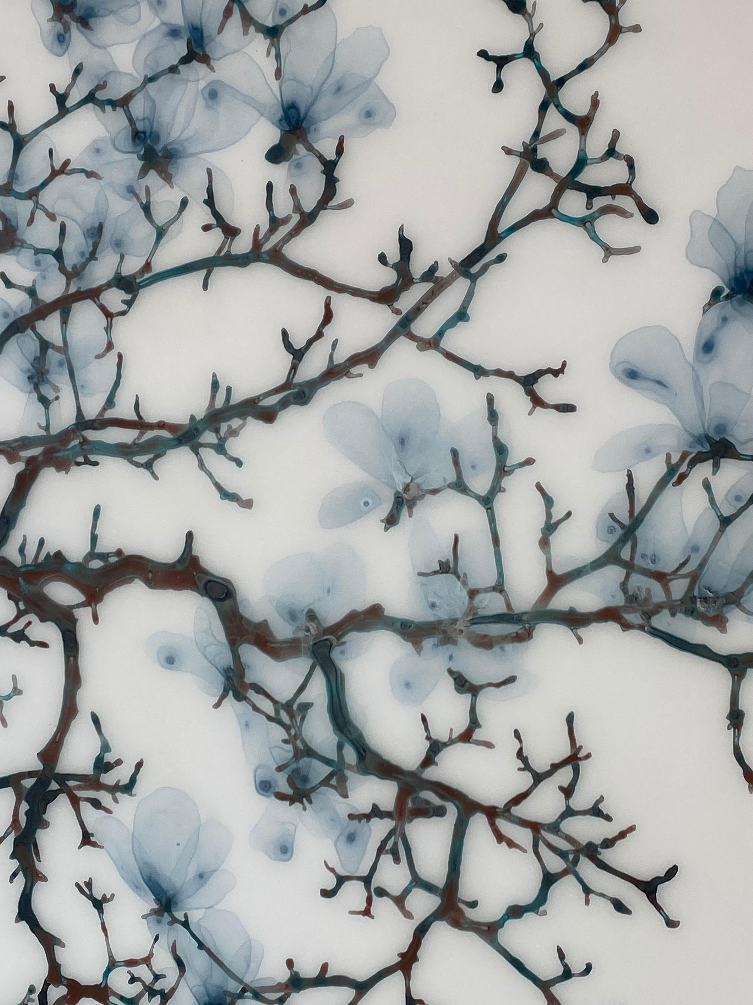 Spun Sugar, Horizontal Botanical Mylar Tree Painting in Light Blue, Dark Brown 2