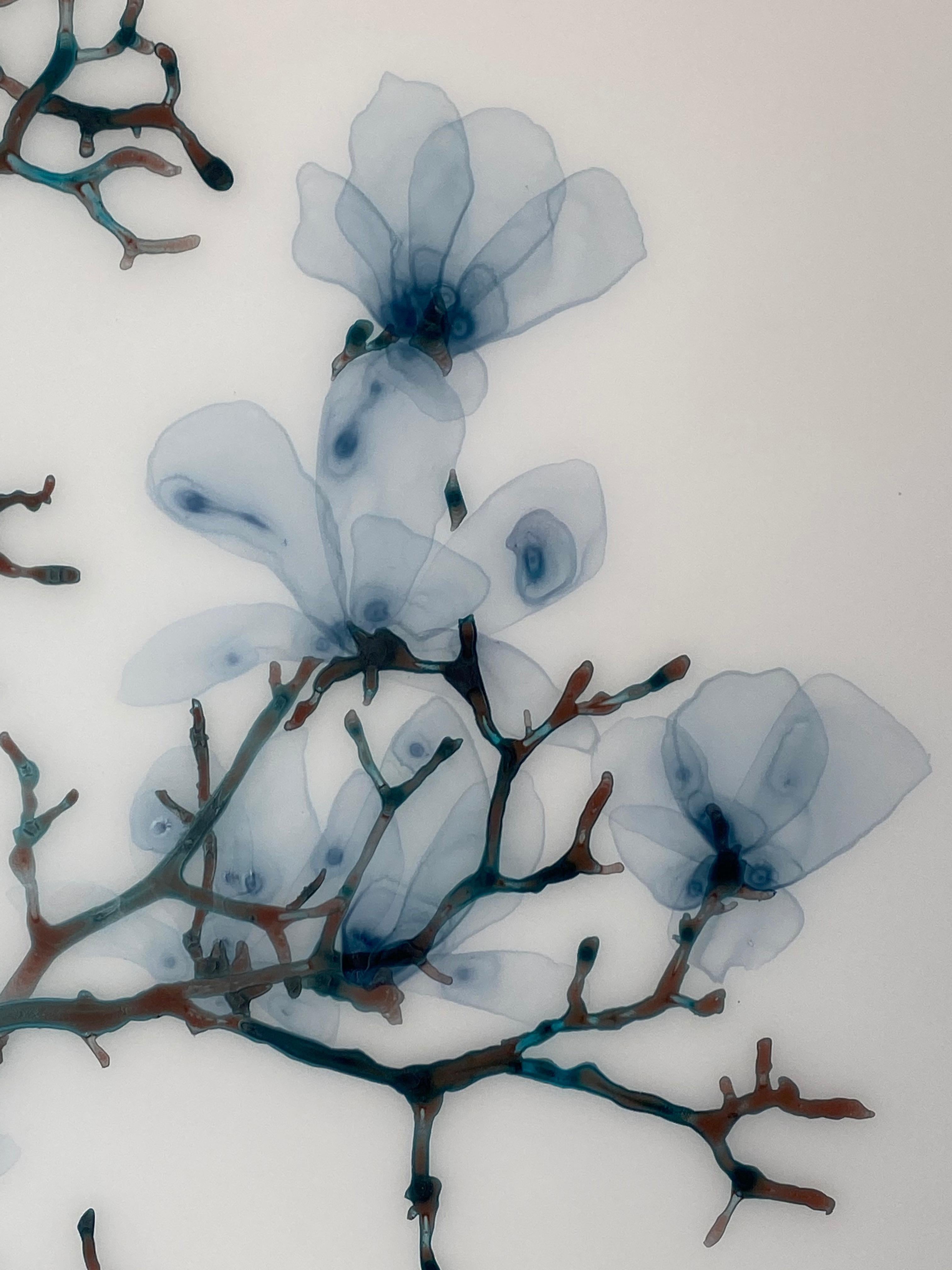 Spun Sugar, Horizontal Botanical Mylar Tree Painting in Light Blue, Dark Brown 3
