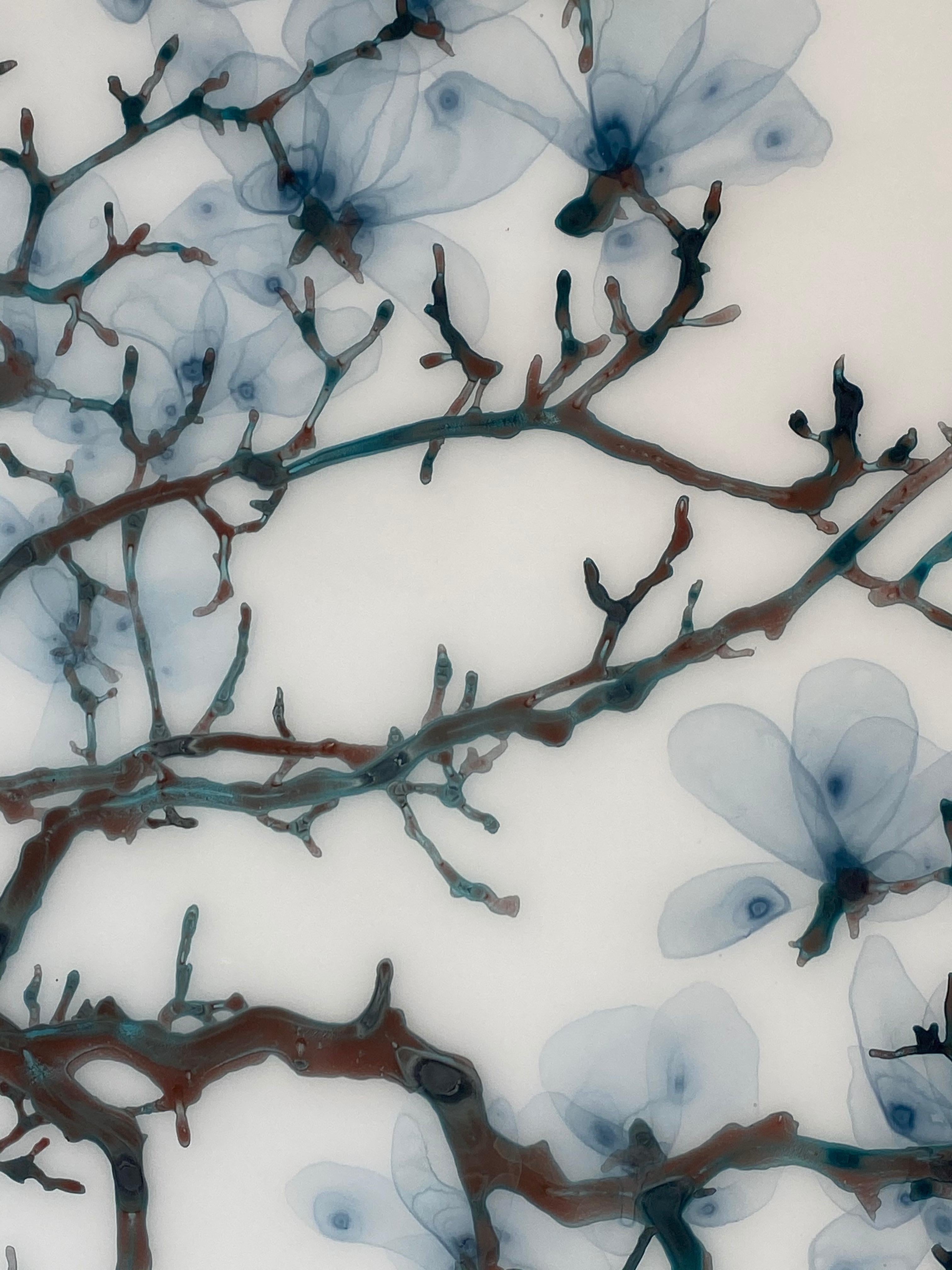 Spun Sugar, Horizontal Botanical Mylar Tree Painting in Light Blue, Dark Brown 4