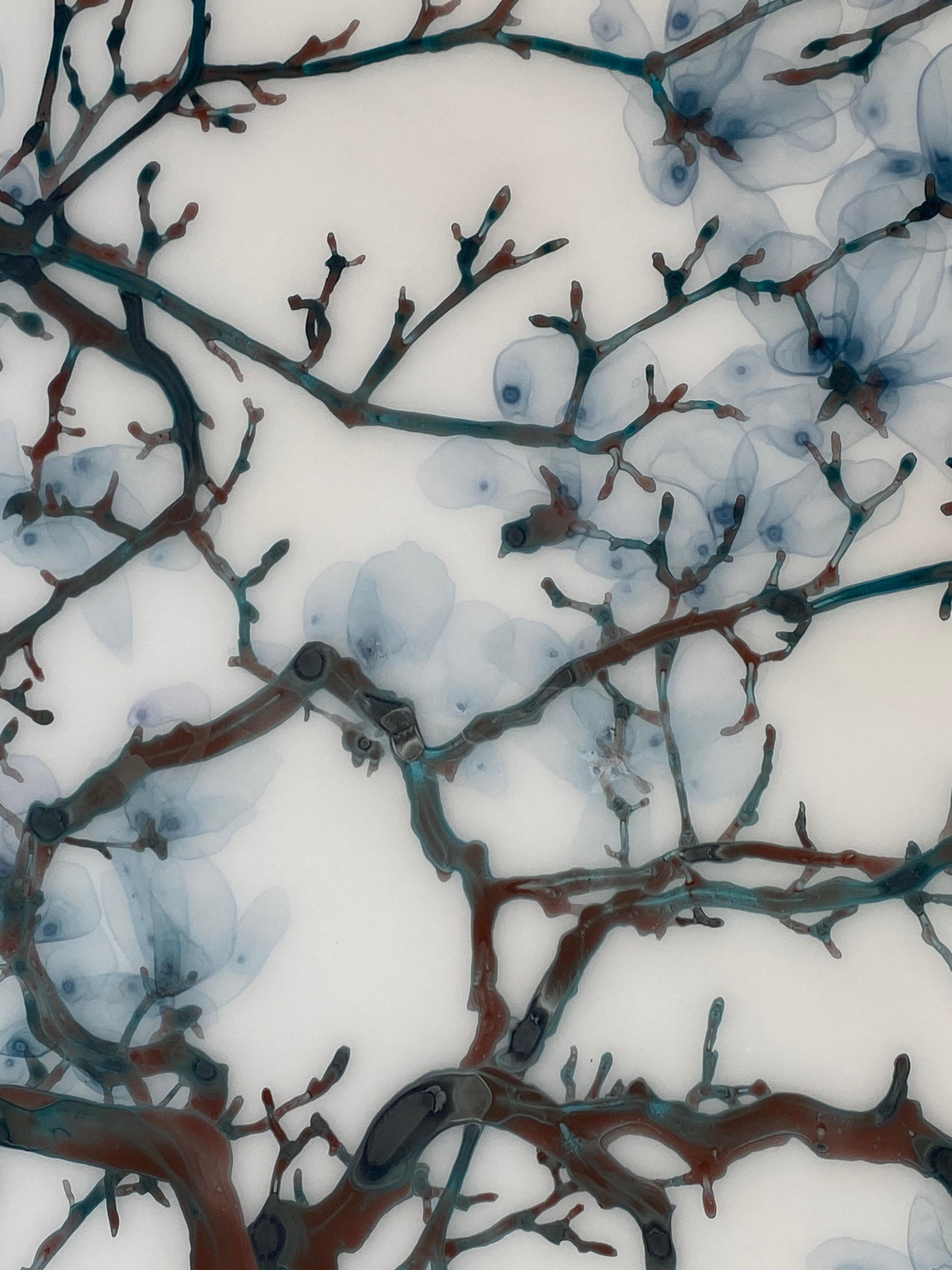 Spun Sugar, Horizontal Botanical Mylar Tree Painting in Light Blue, Dark Brown 5