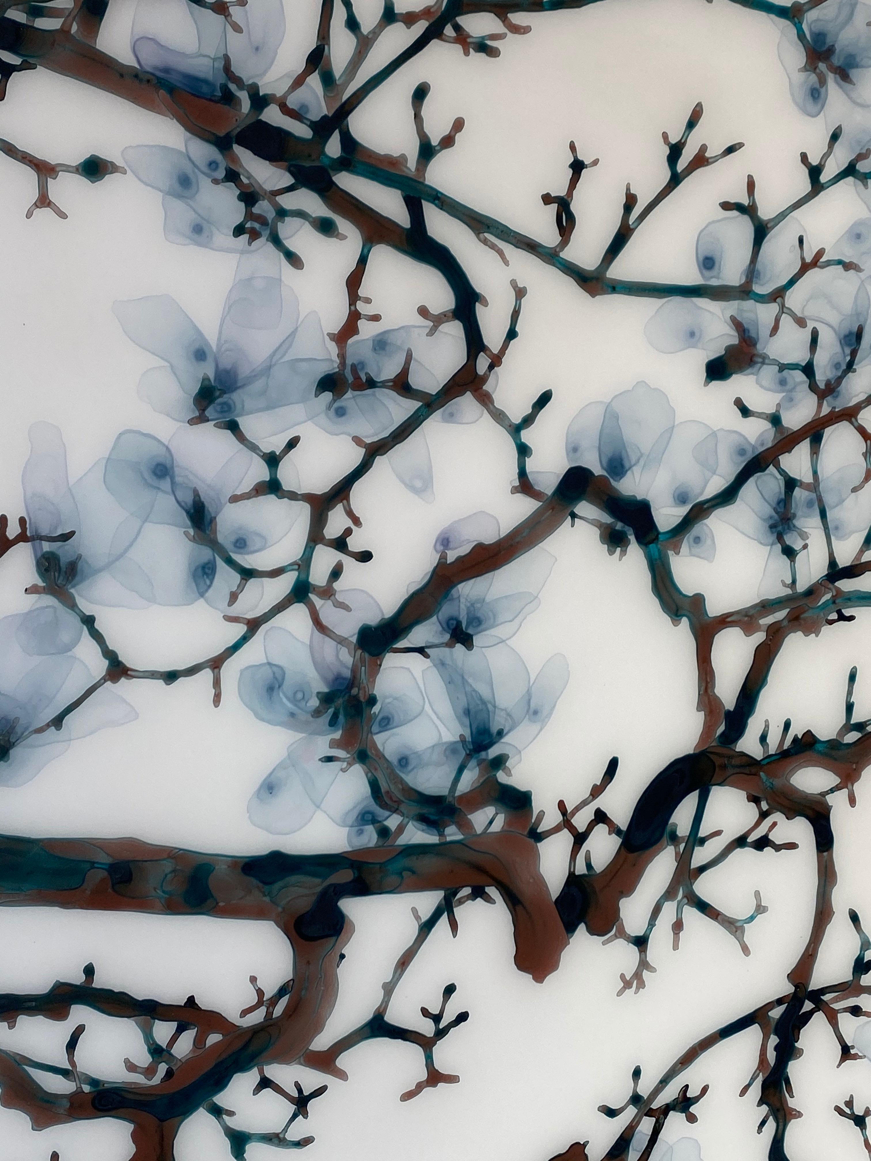 Spun Sugar, Horizontal Botanical Mylar Tree Painting in Light Blue, Dark Brown 6