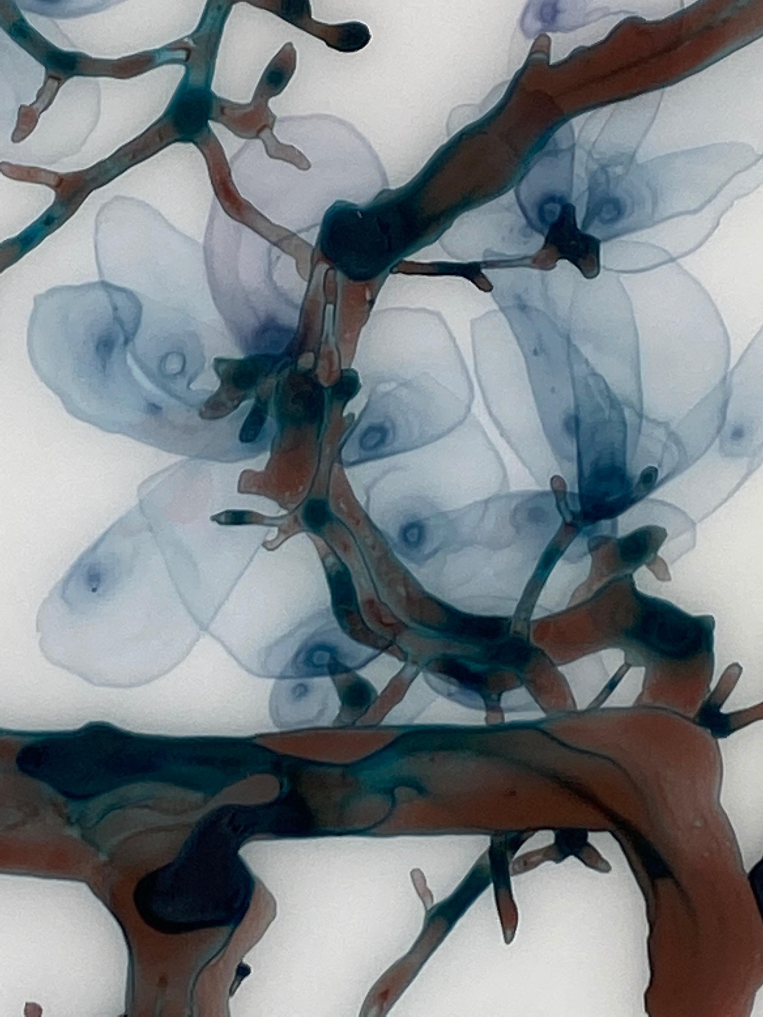 Spun Sugar, Horizontal Botanical Mylar Tree Painting in Light Blue, Dark Brown 7