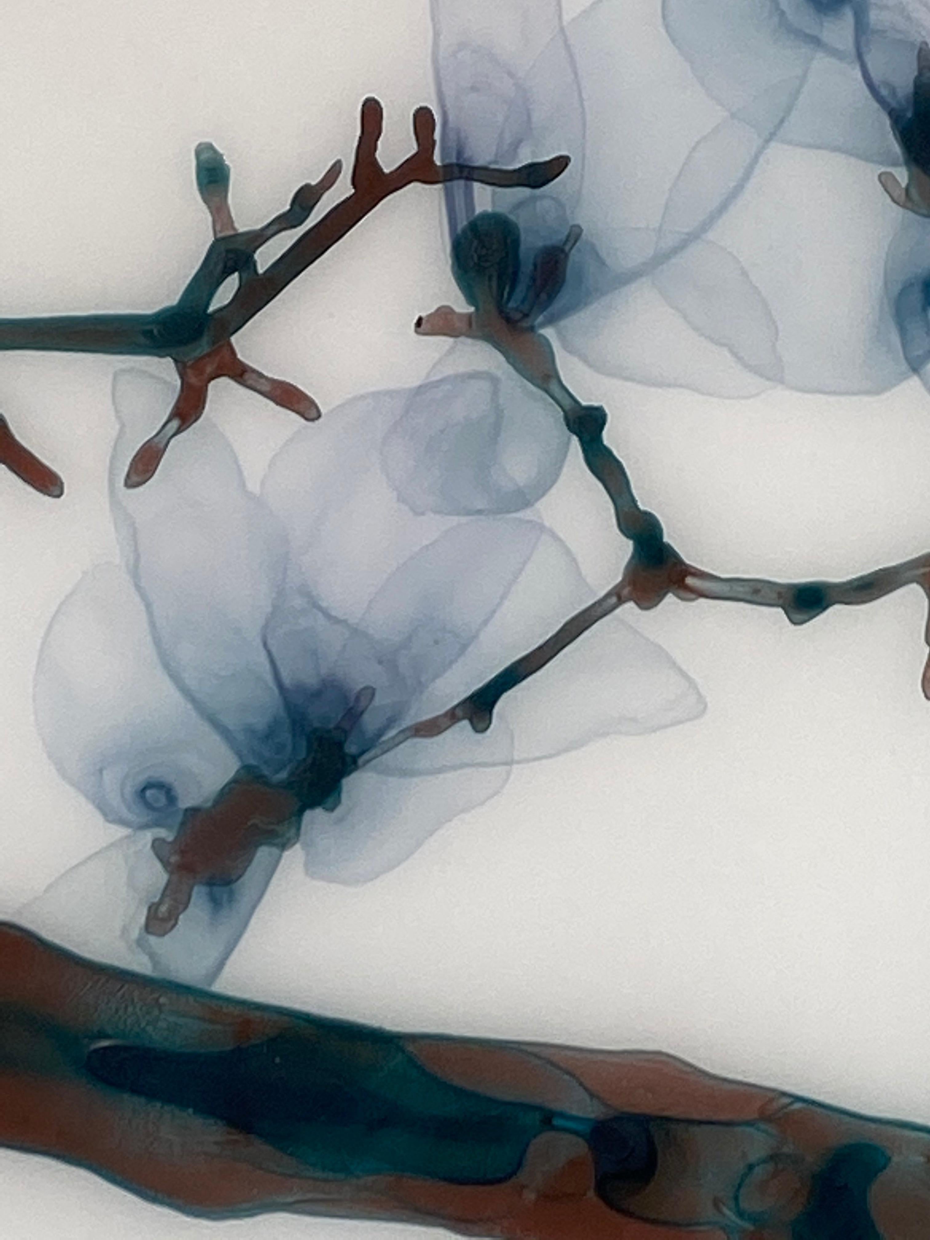 Spun Sugar, Horizontal Botanical Mylar Tree Painting in Light Blue, Dark Brown 8