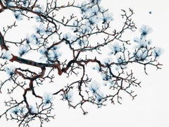 Spun Sugar, Horizontal Botanical Mylar Tree Painting in Light Blue, Dark Brown