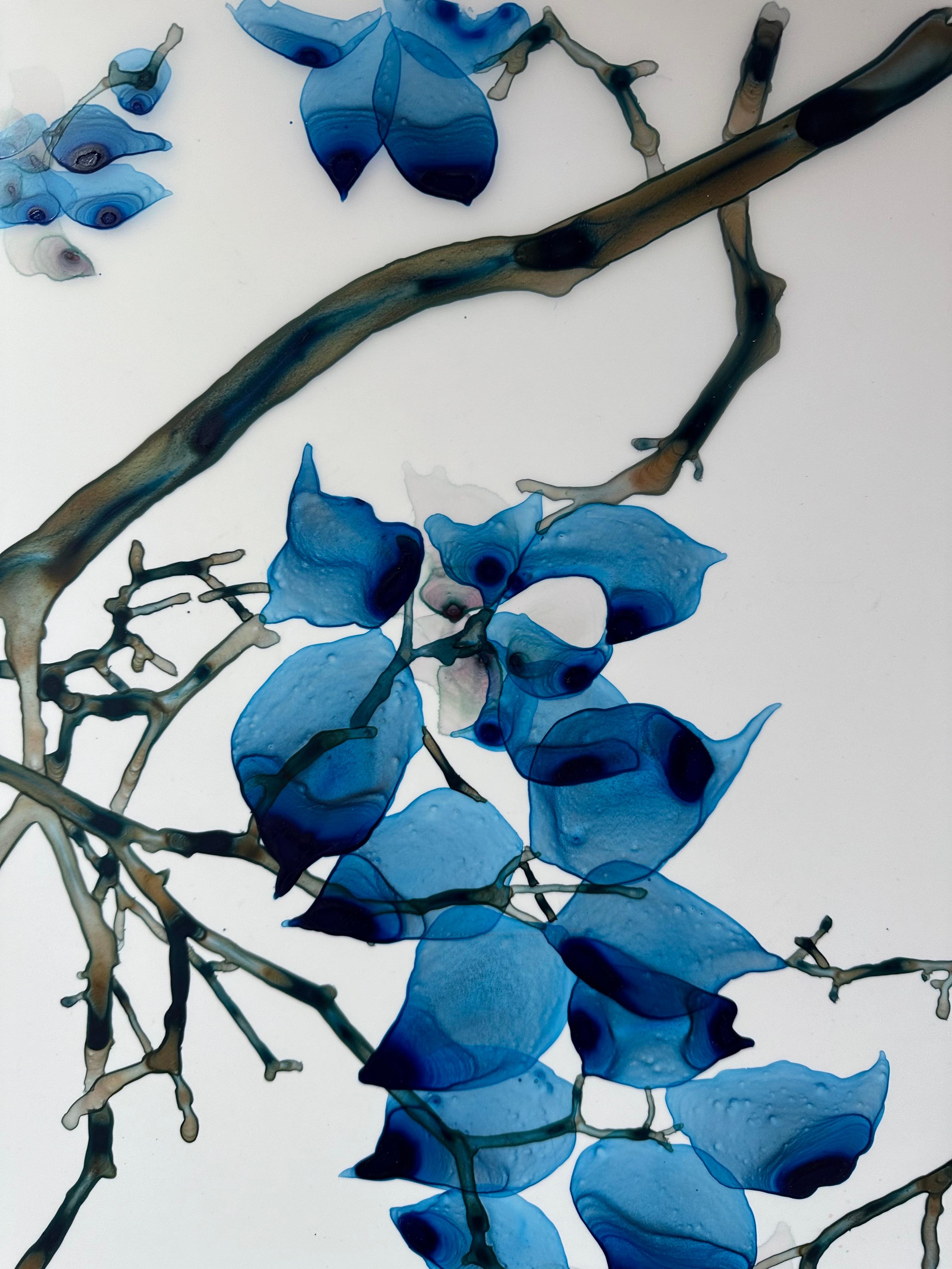 Sweet Ballad, Bright Blue, Teal, Light Gray Botanical Tree Painting On Mylar For Sale 10